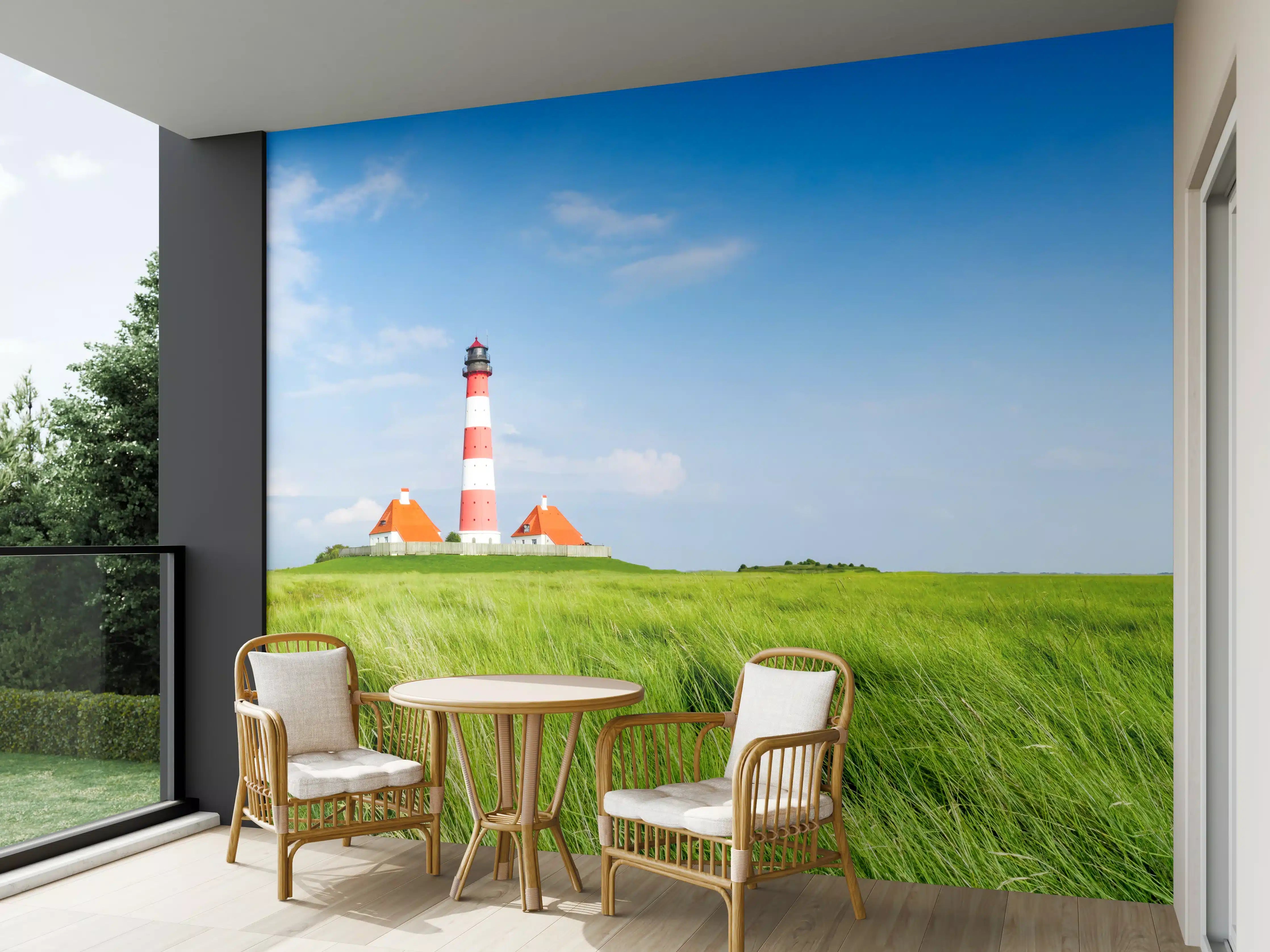 Wandverkleidung außen - Leuchtturm in der grünen Landschaft