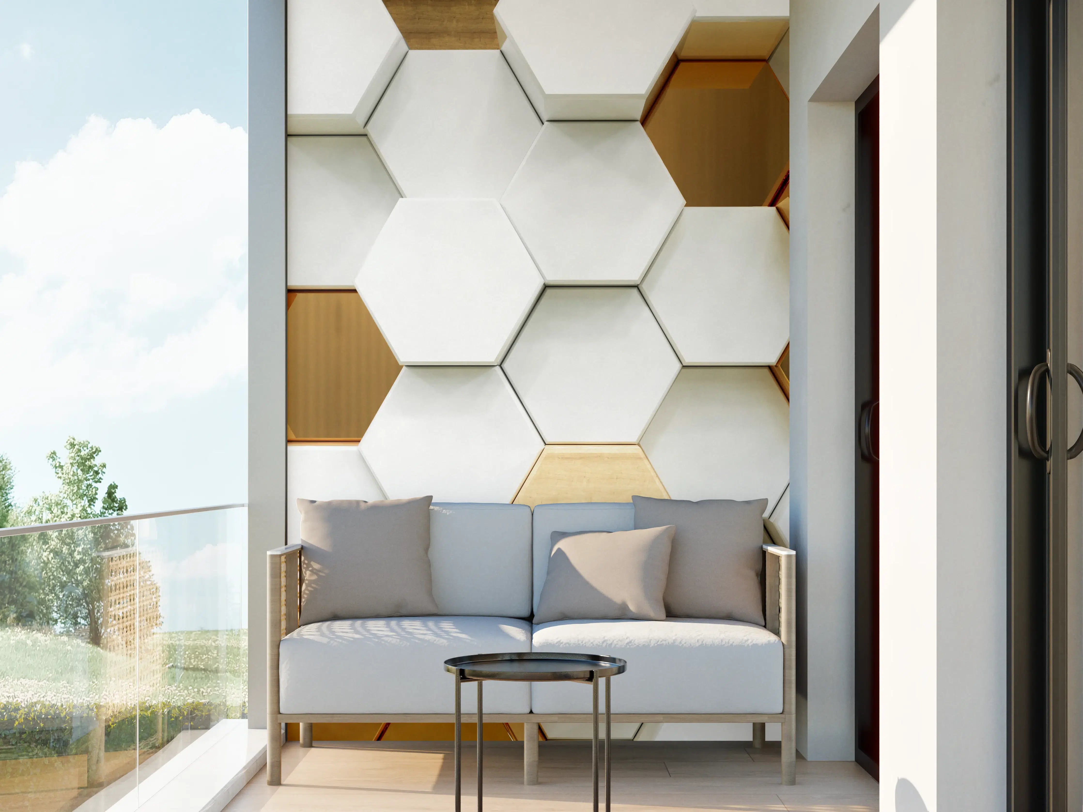 Wandverkleidung außen - Luxuriöser Weiß-Gold-Hexagon-Hintergrund