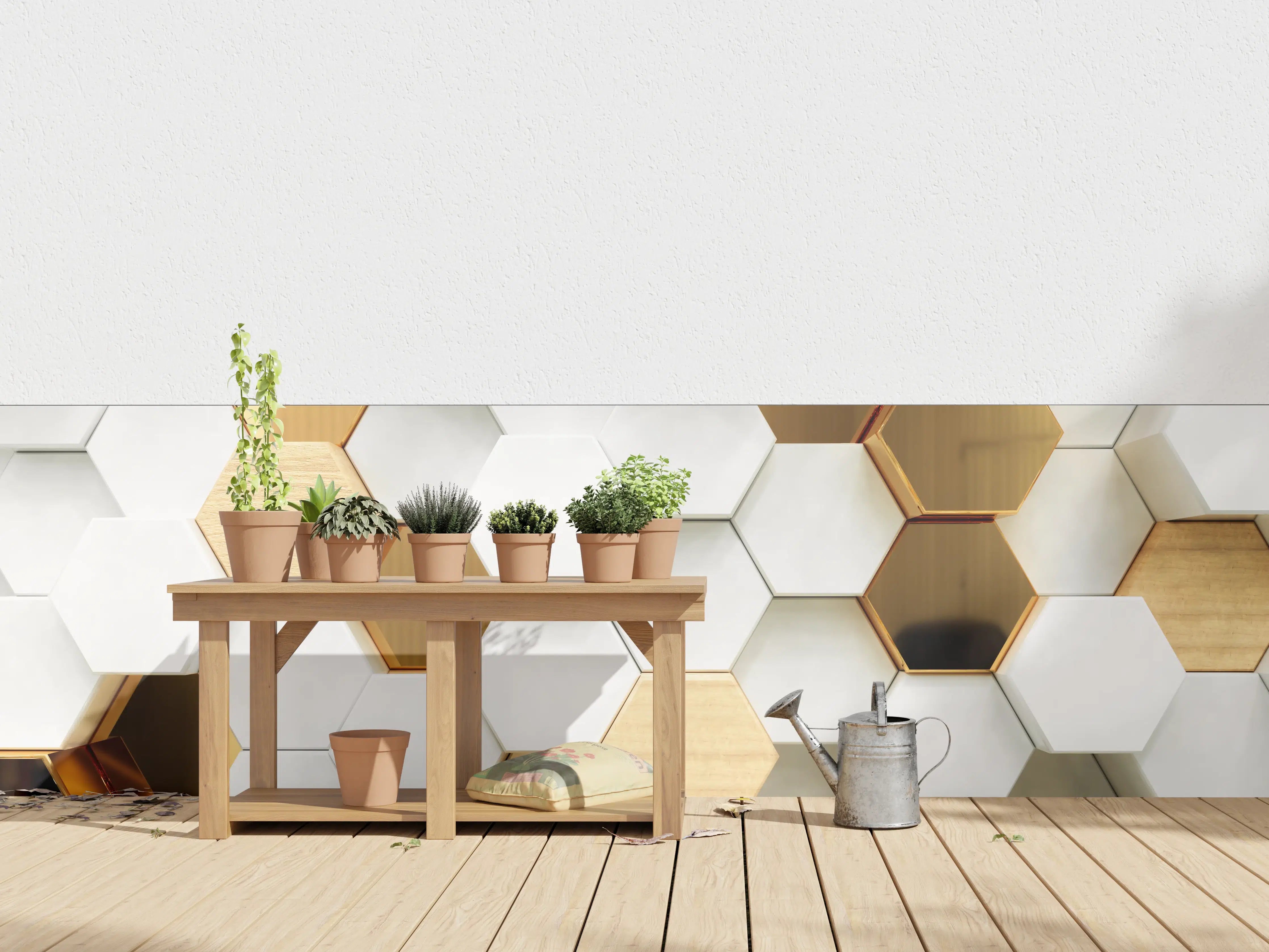Wandverkleidung außen - Luxuriöser Weiß-Gold-Hexagon-Hintergrund