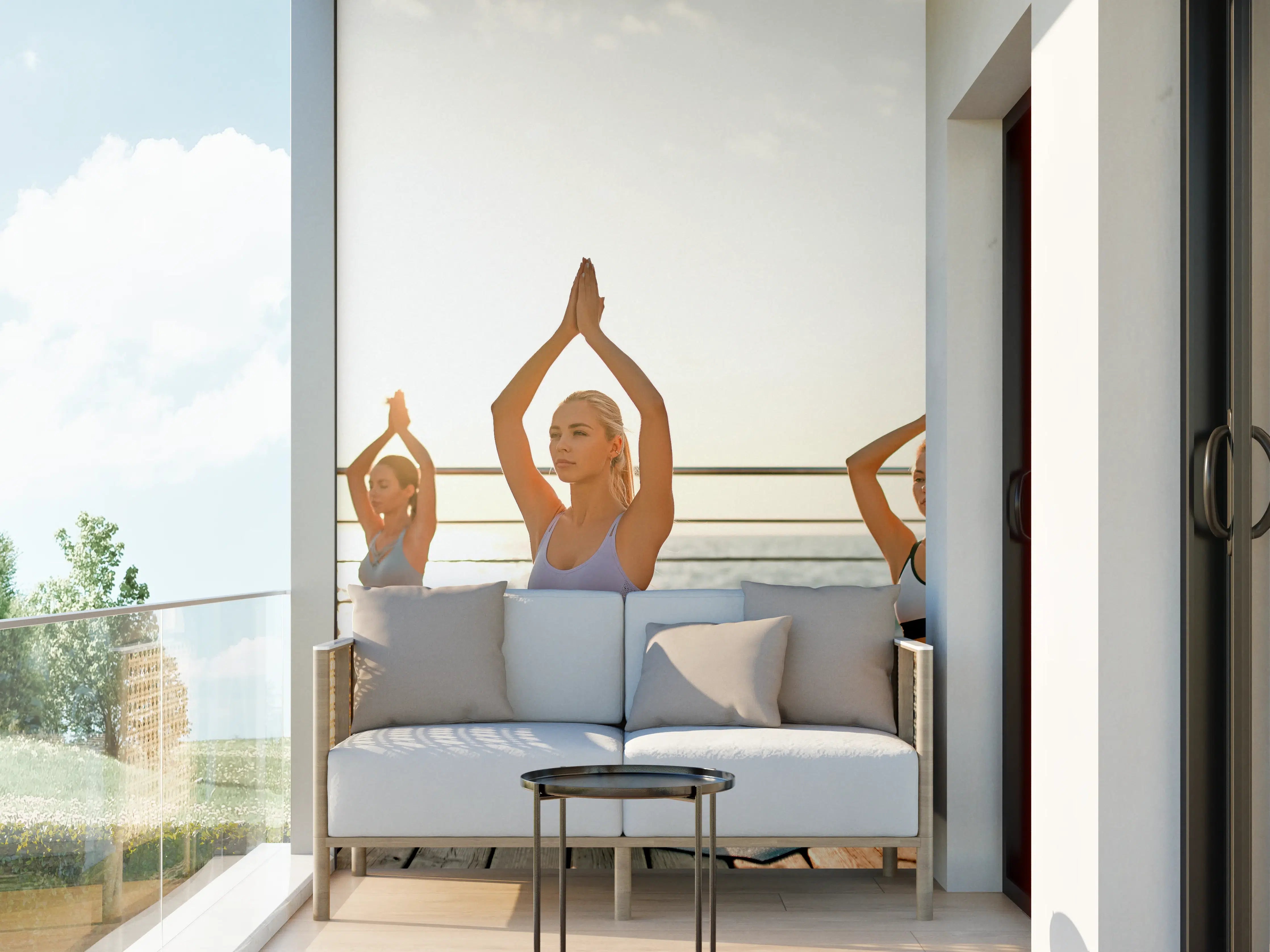 Wandverkleidung außen - Mädchen beim Yoga am Morgen