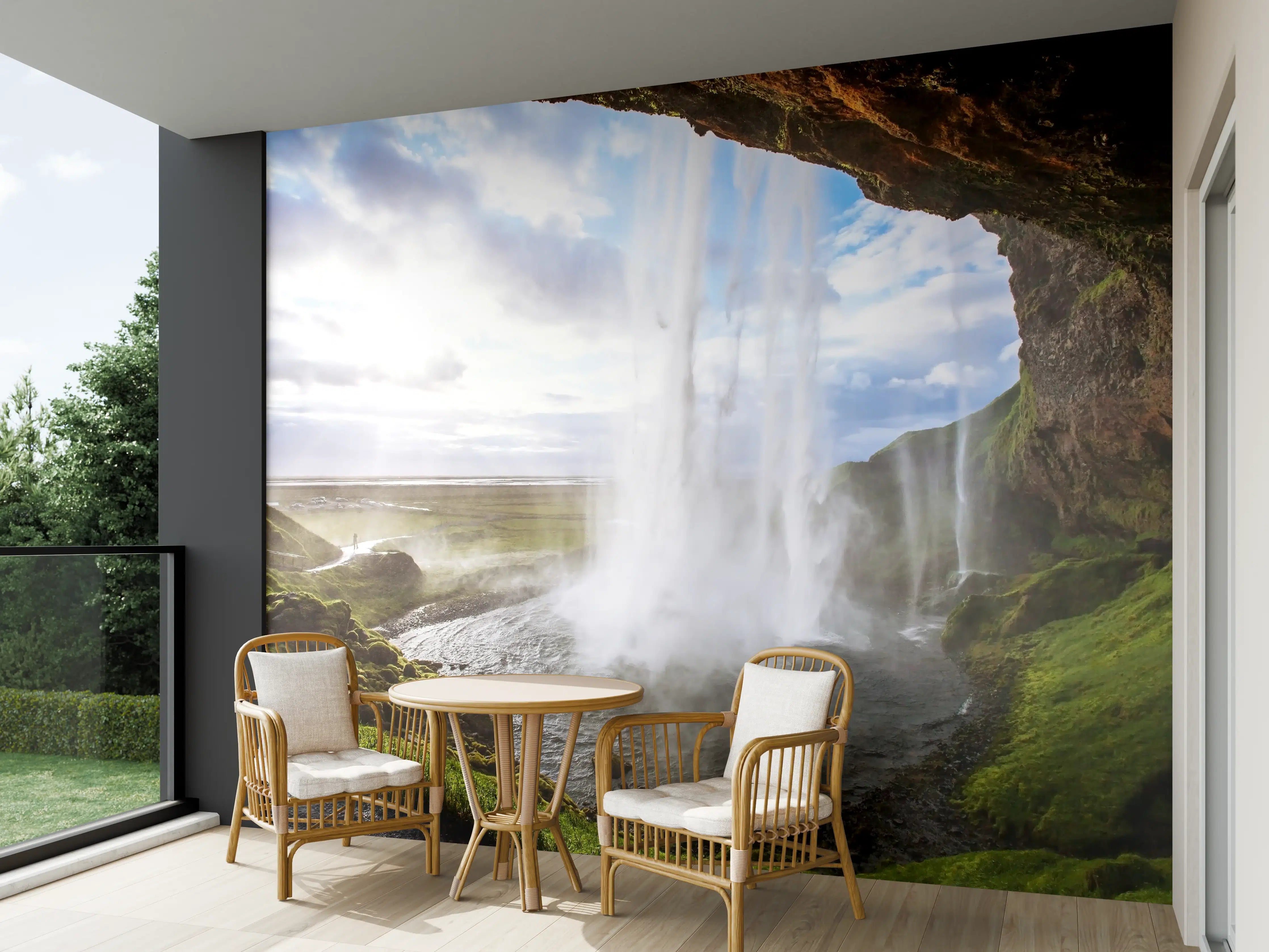 Wandverkleidung außen - Majestärer Wasserfall unter wolkigem Himmel
