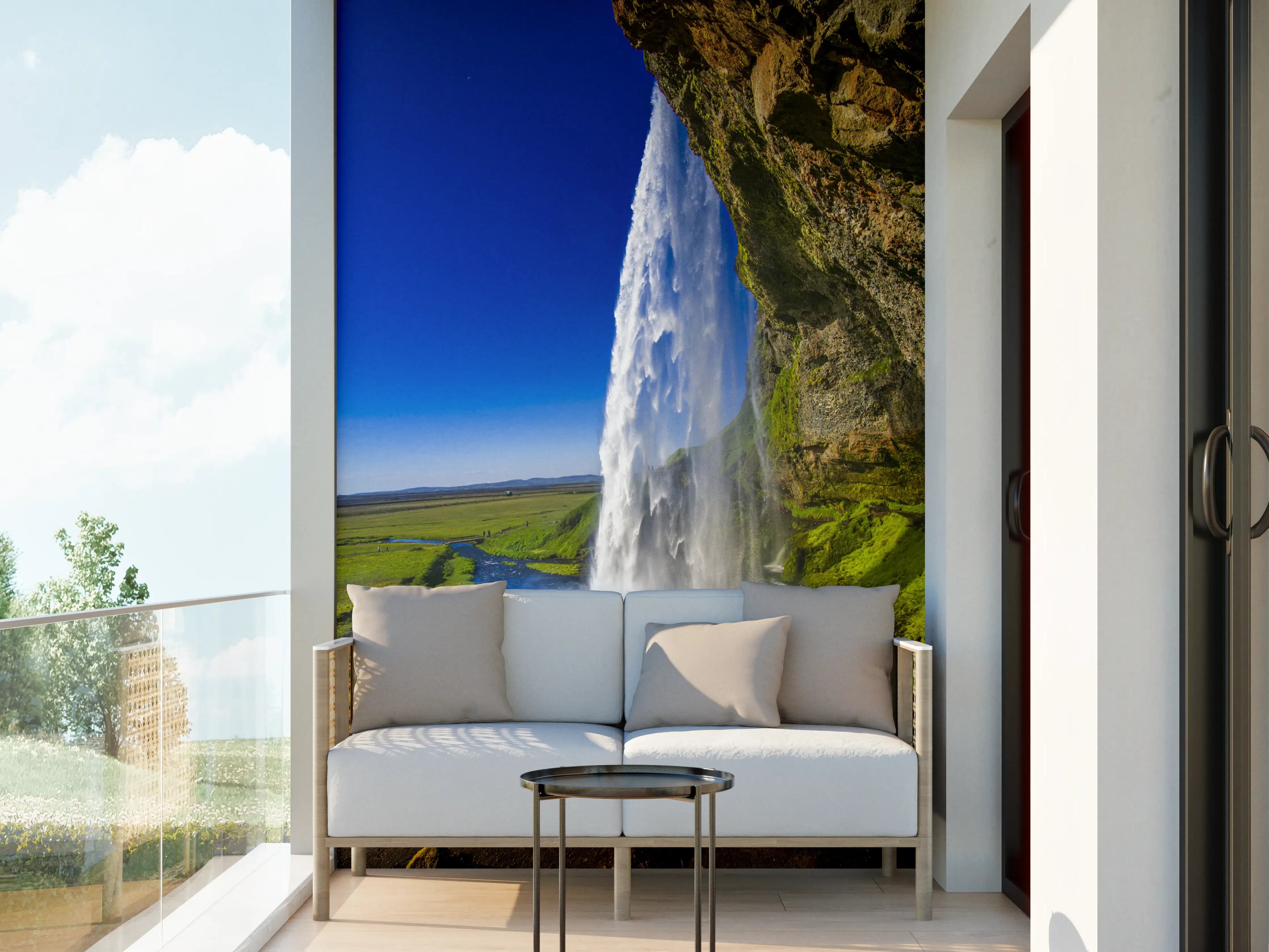 Wandverkleidung außen - Majestätischer Wasserfall in grüner Naturlandschaft