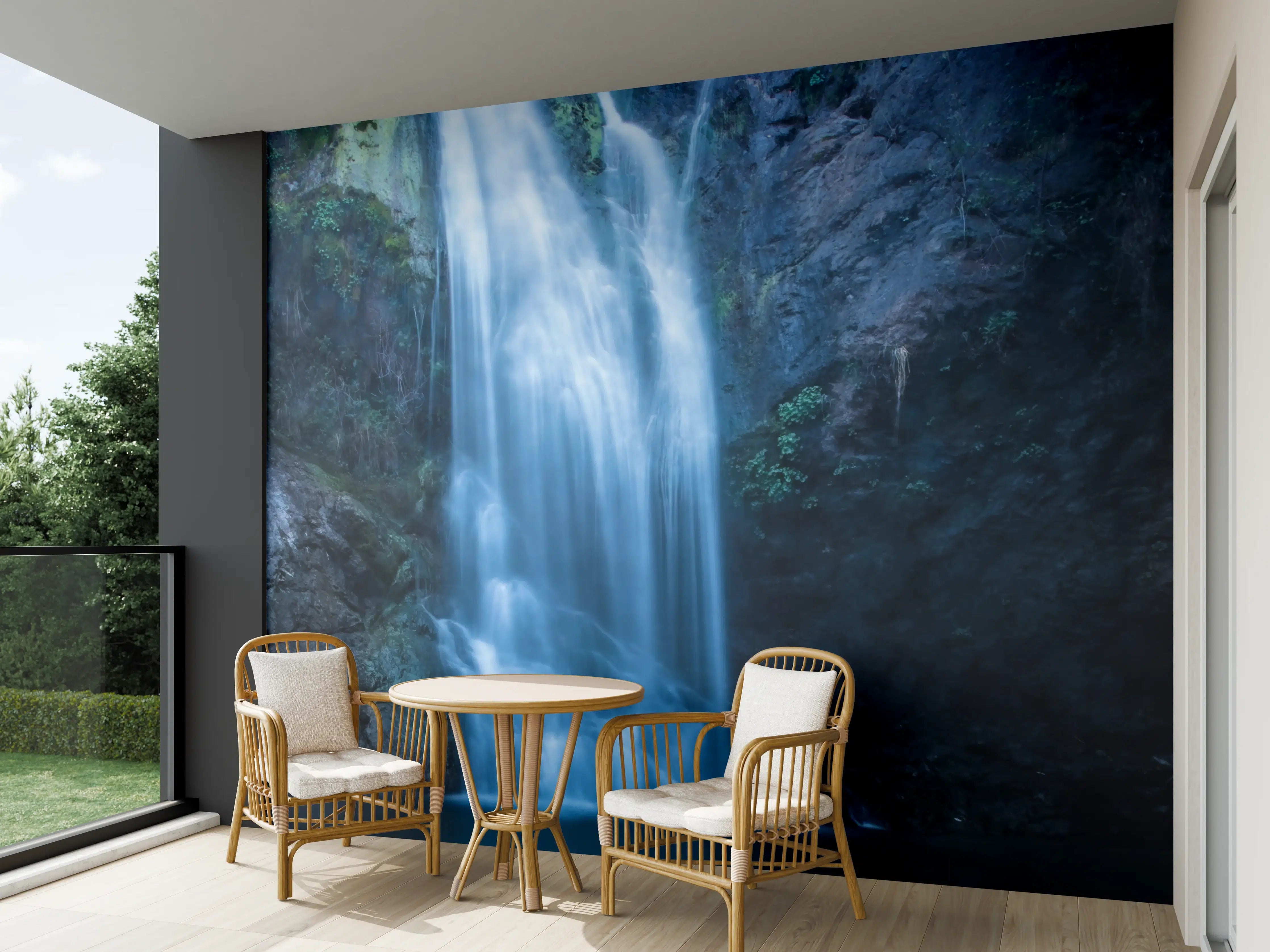 Wandverkleidung außen - Majestätischer Wasserfall vor dunkler Felswand