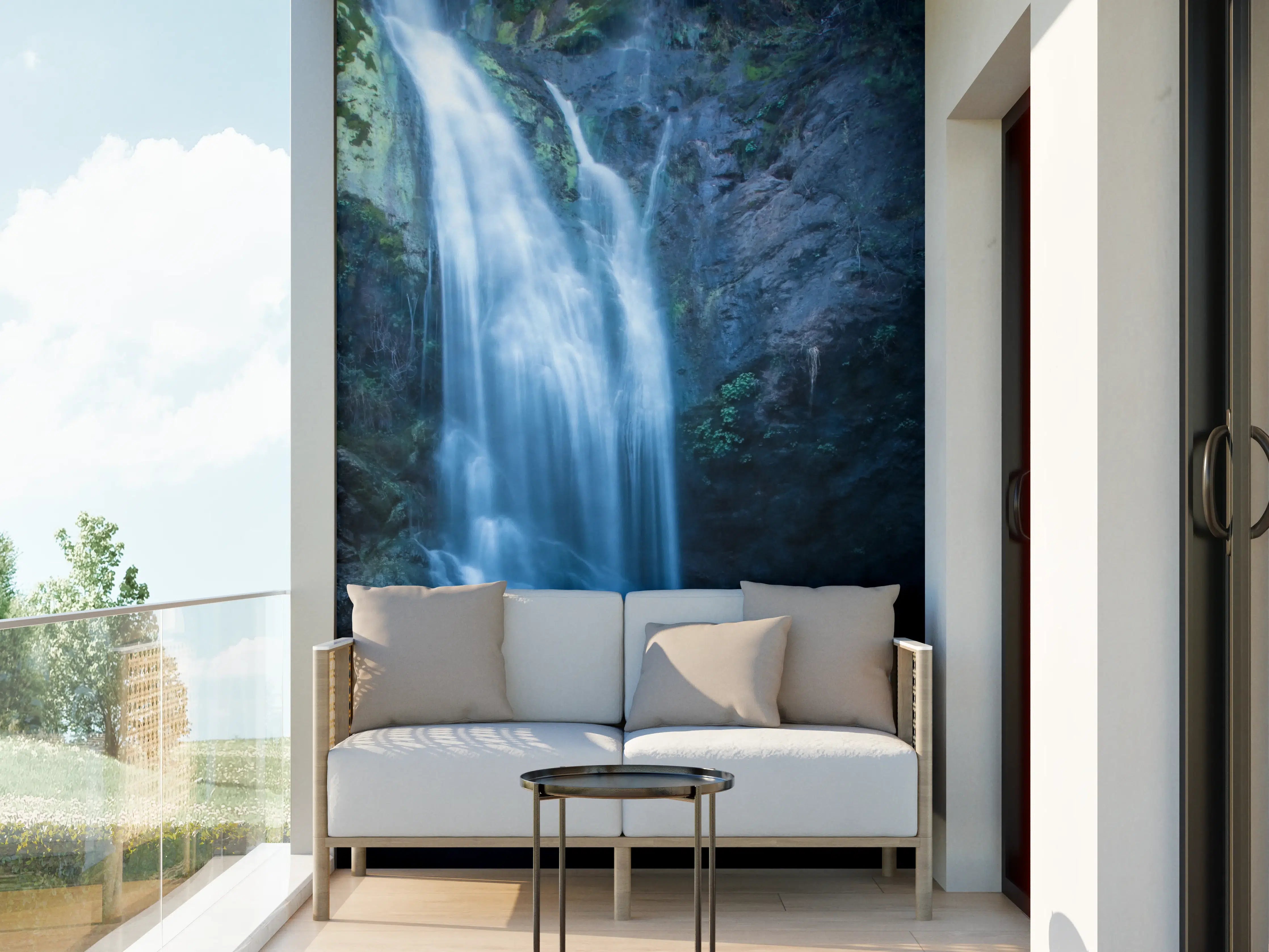 Wandverkleidung außen - Majestätischer Wasserfall vor dunkler Felswand