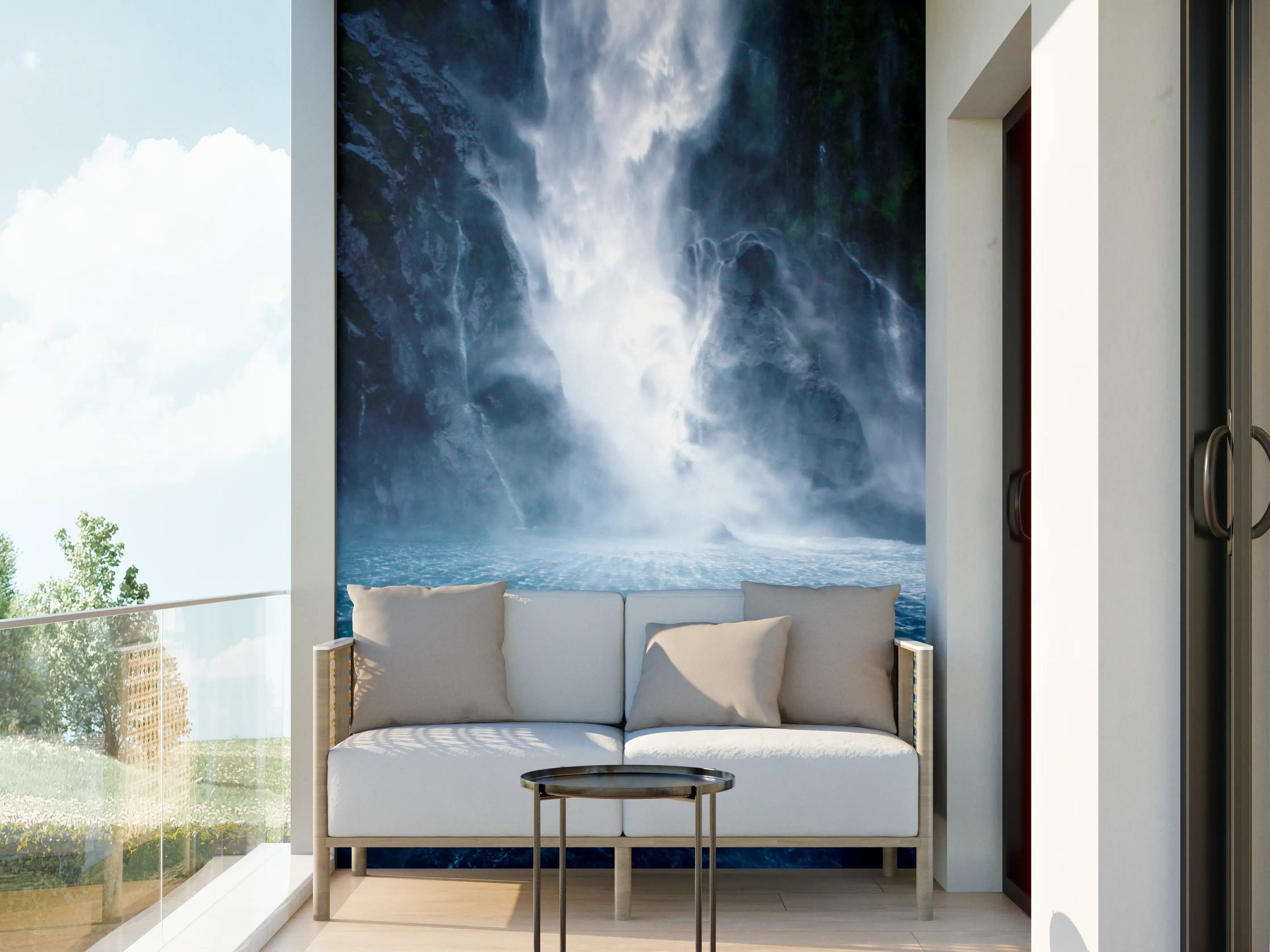 Wandverkleidung außen - Majestatischer Wasserfall in Blau- und Grautönen