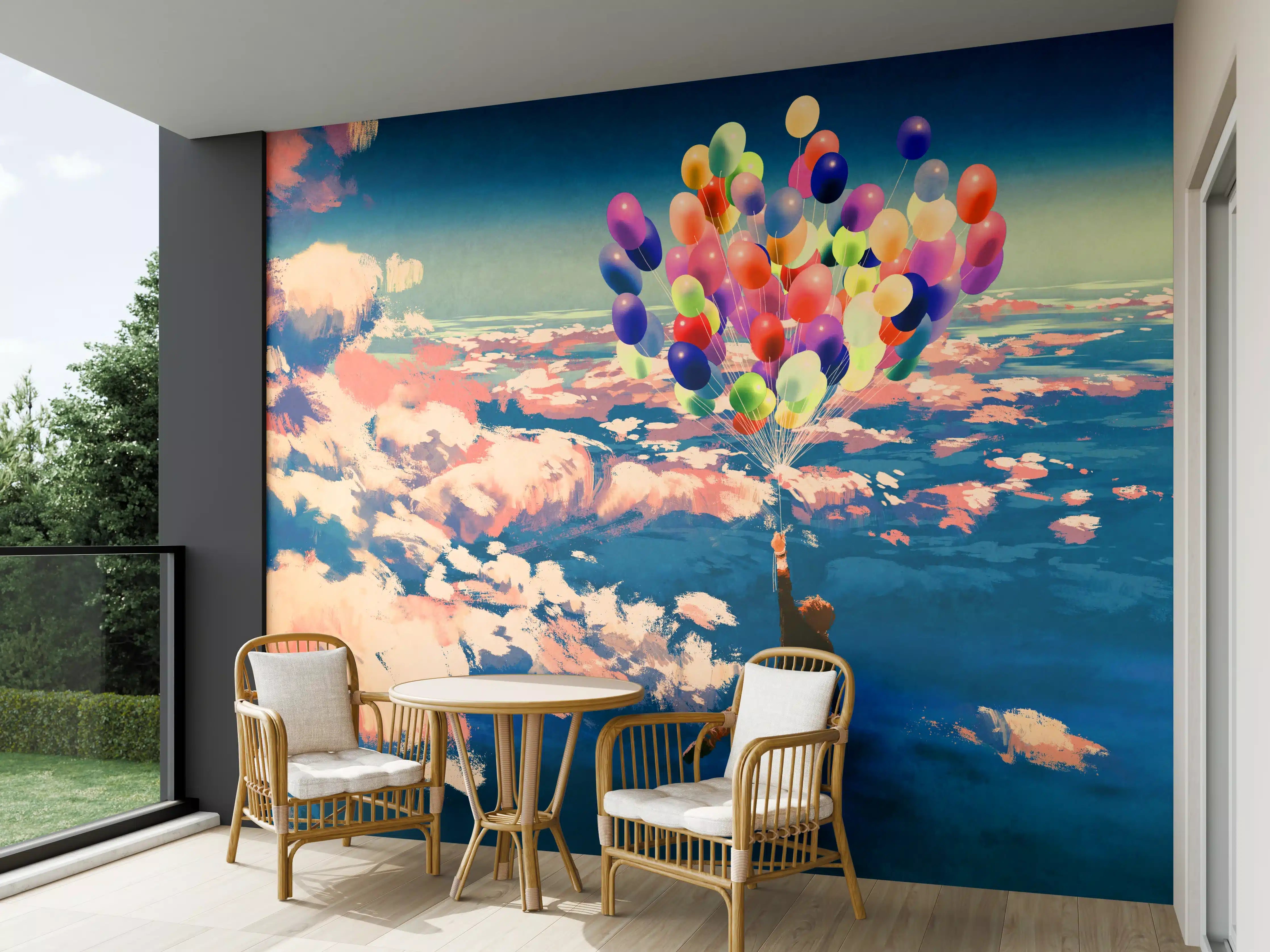 Wandverkleidung außen - Mann fliegt mit bunten Luftballons über Wolken