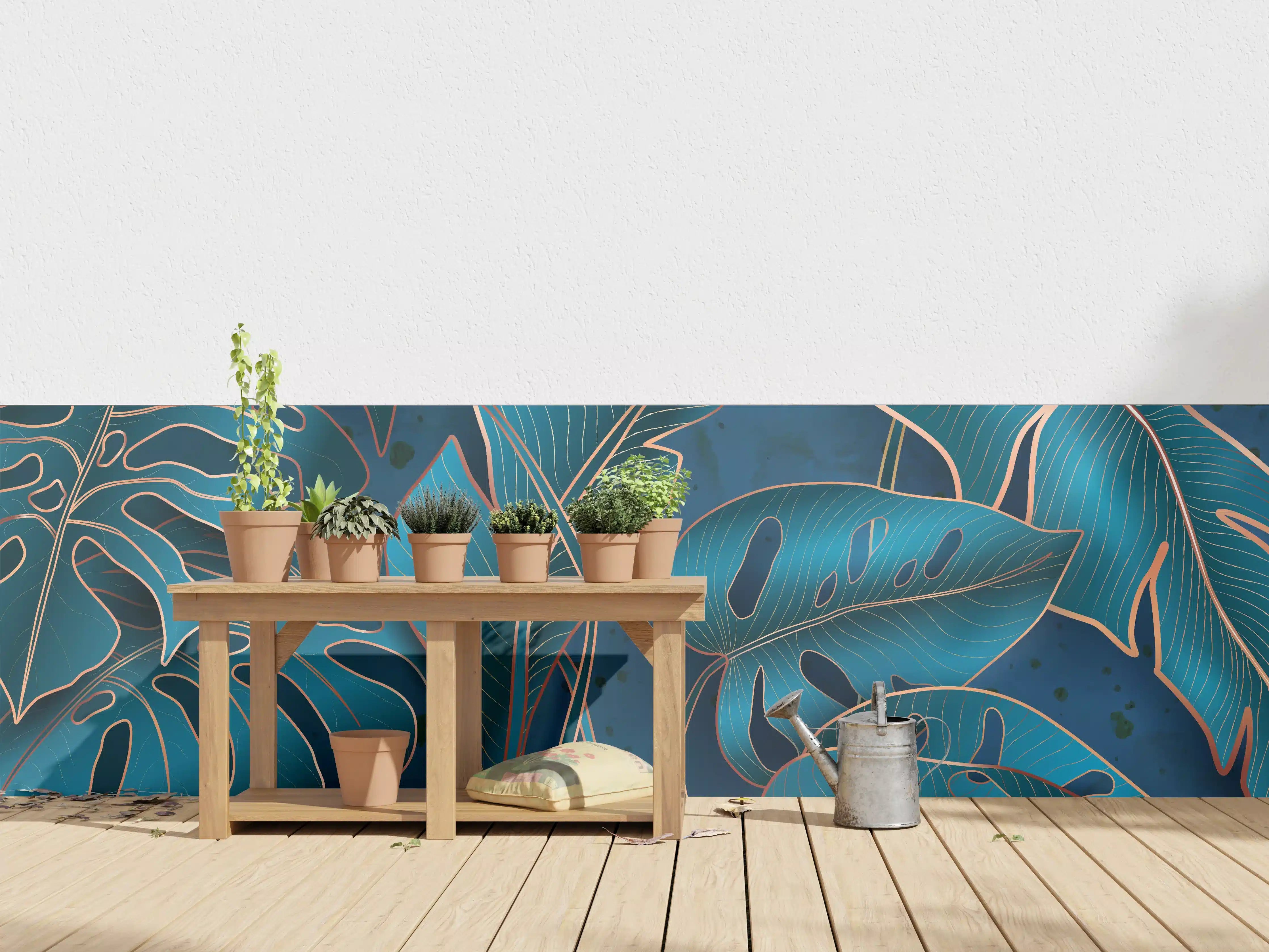 Wandverkleidung außen - Metallisch-blaues Pflanzenmuster