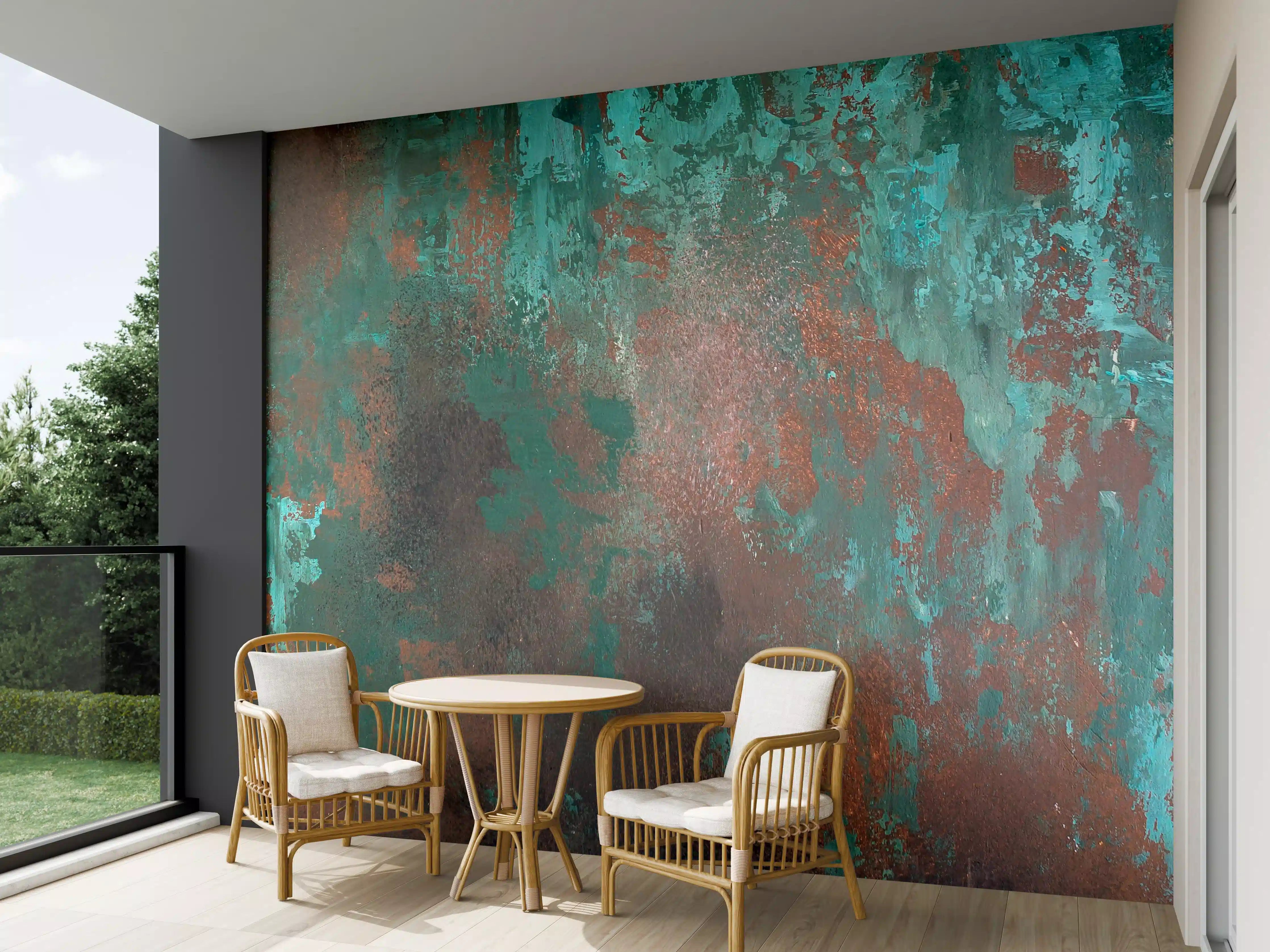 Wandverkleidung außen - Metallische Rost-Textur mit Türkis- und Brauntönen