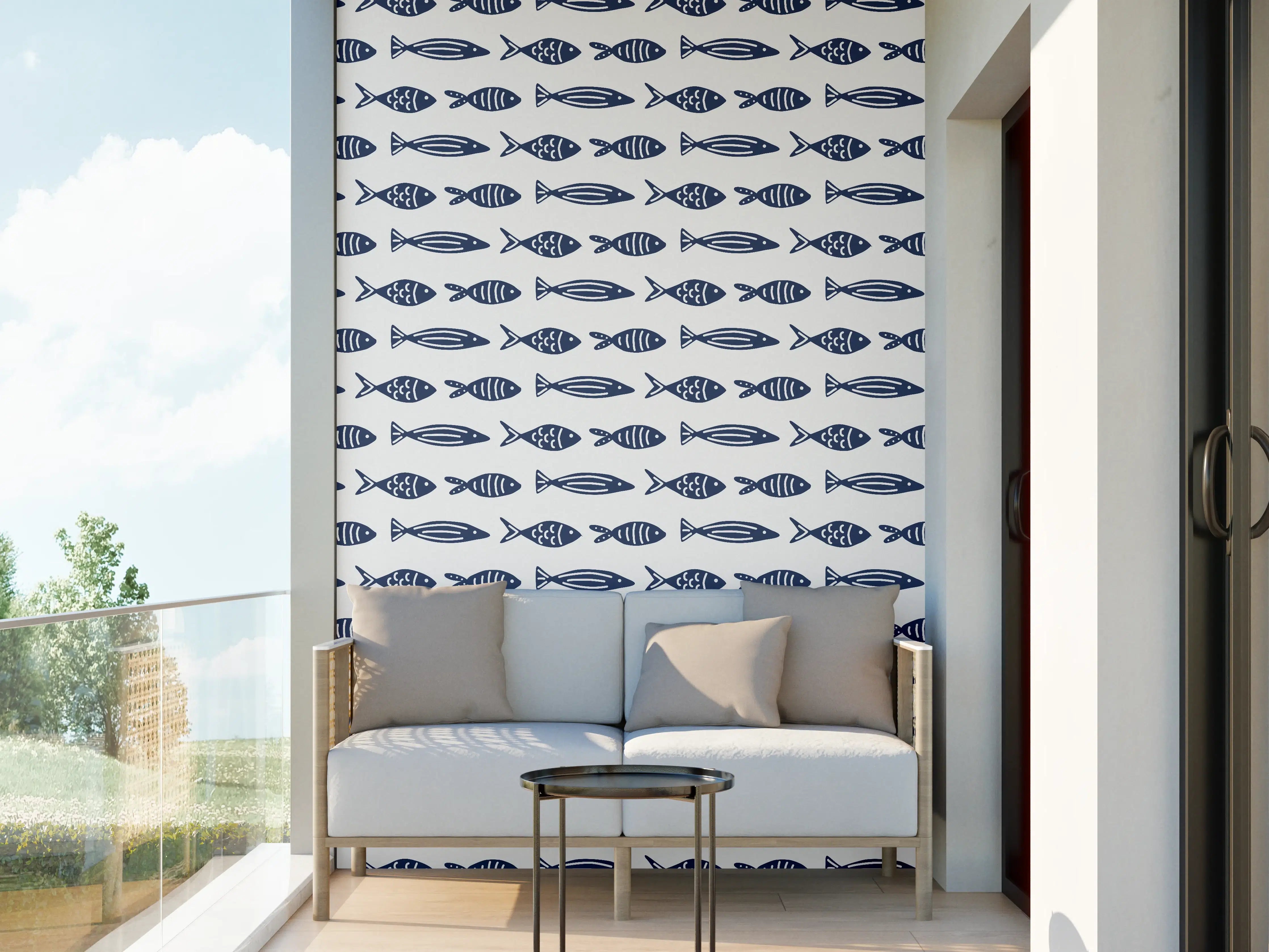 Wandverkleidung außen - Minimalistische Fische Blau-Weiß