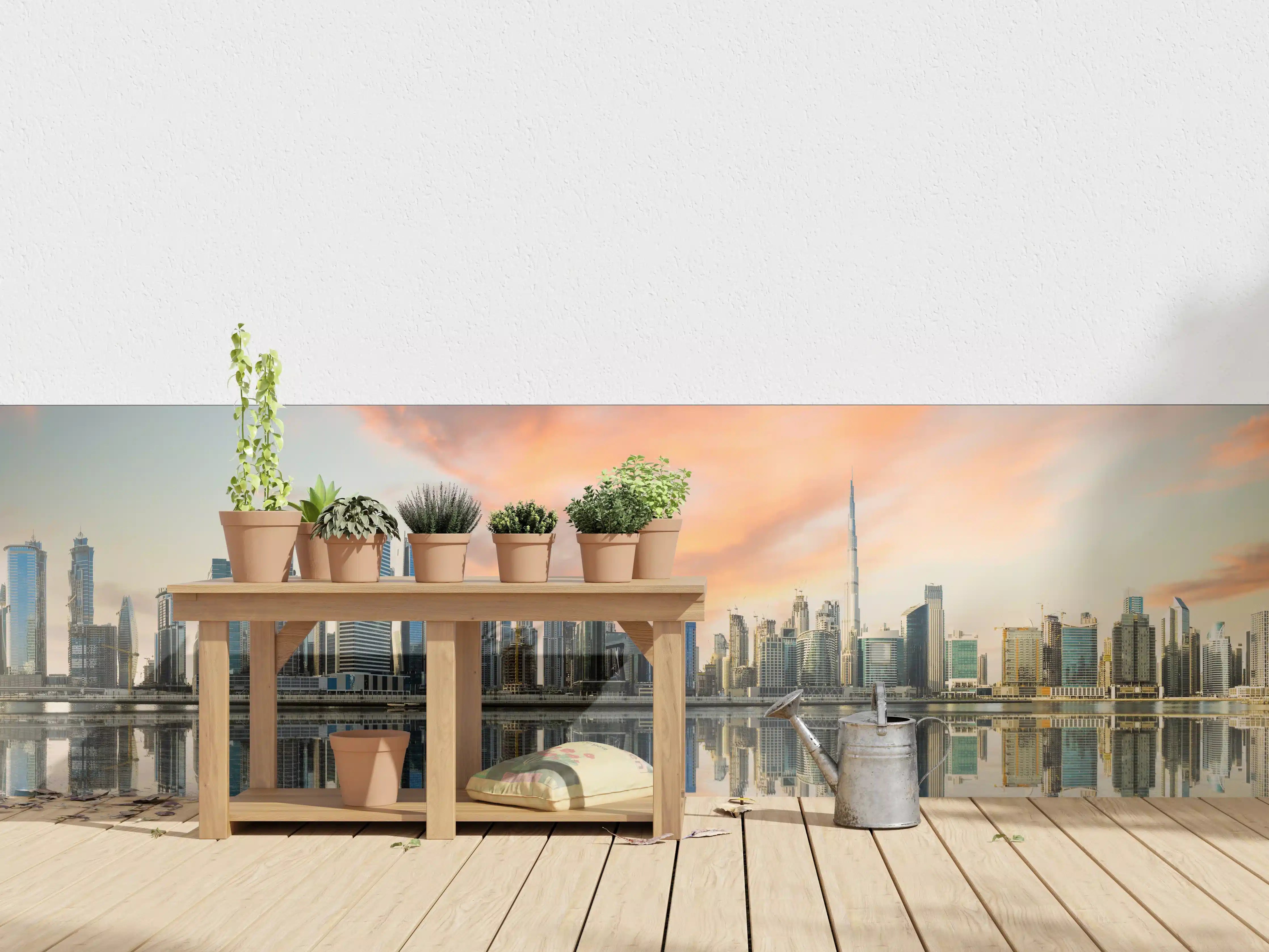 Wandverkleidung außen - Moderne Skyline bei Sonnenuntergang mit reflektierendem Wasser