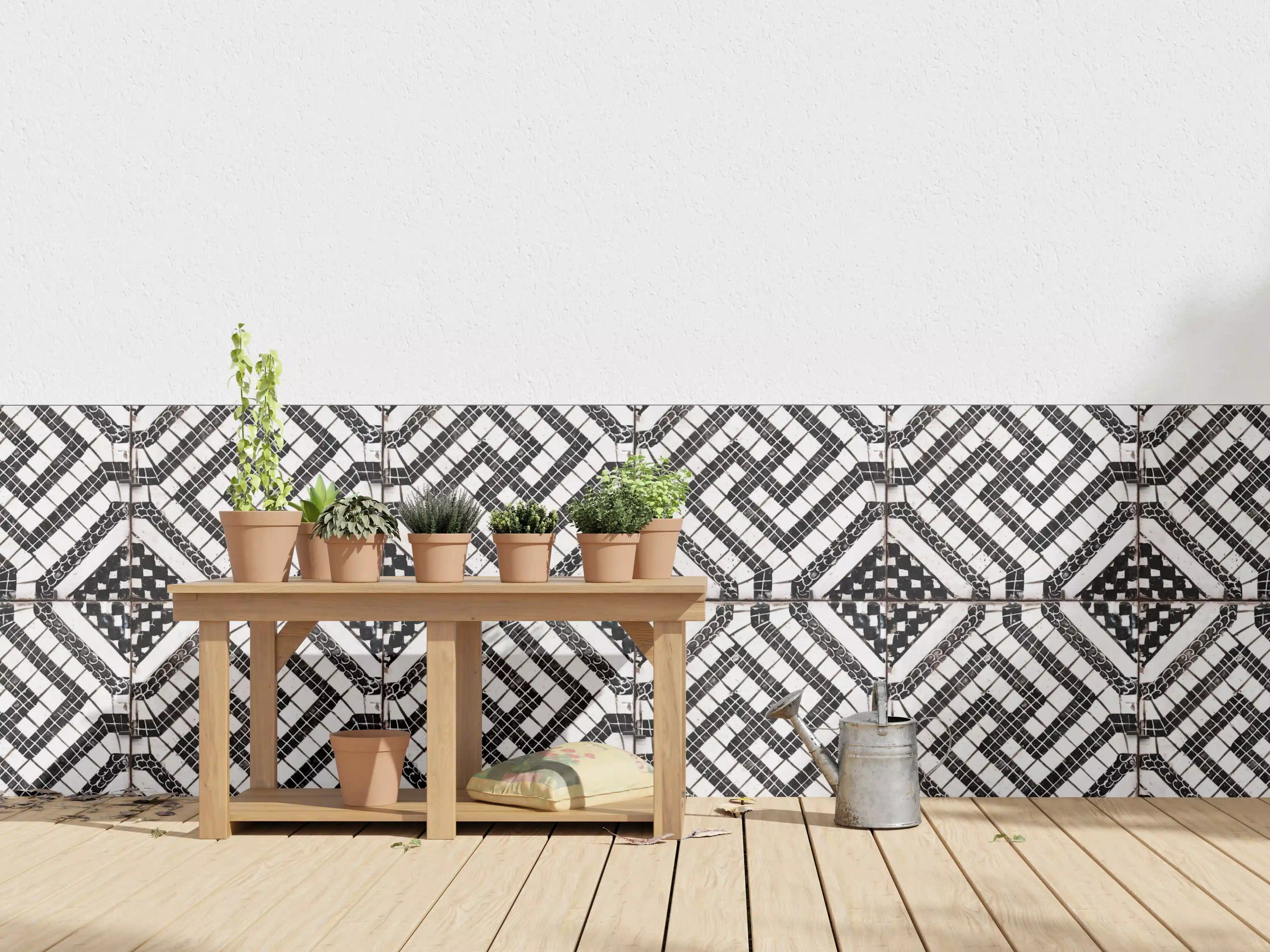 Wandverkleidung außen - Moderne schwarze und weiße Mosaikfliesen mit geometrischem Muster