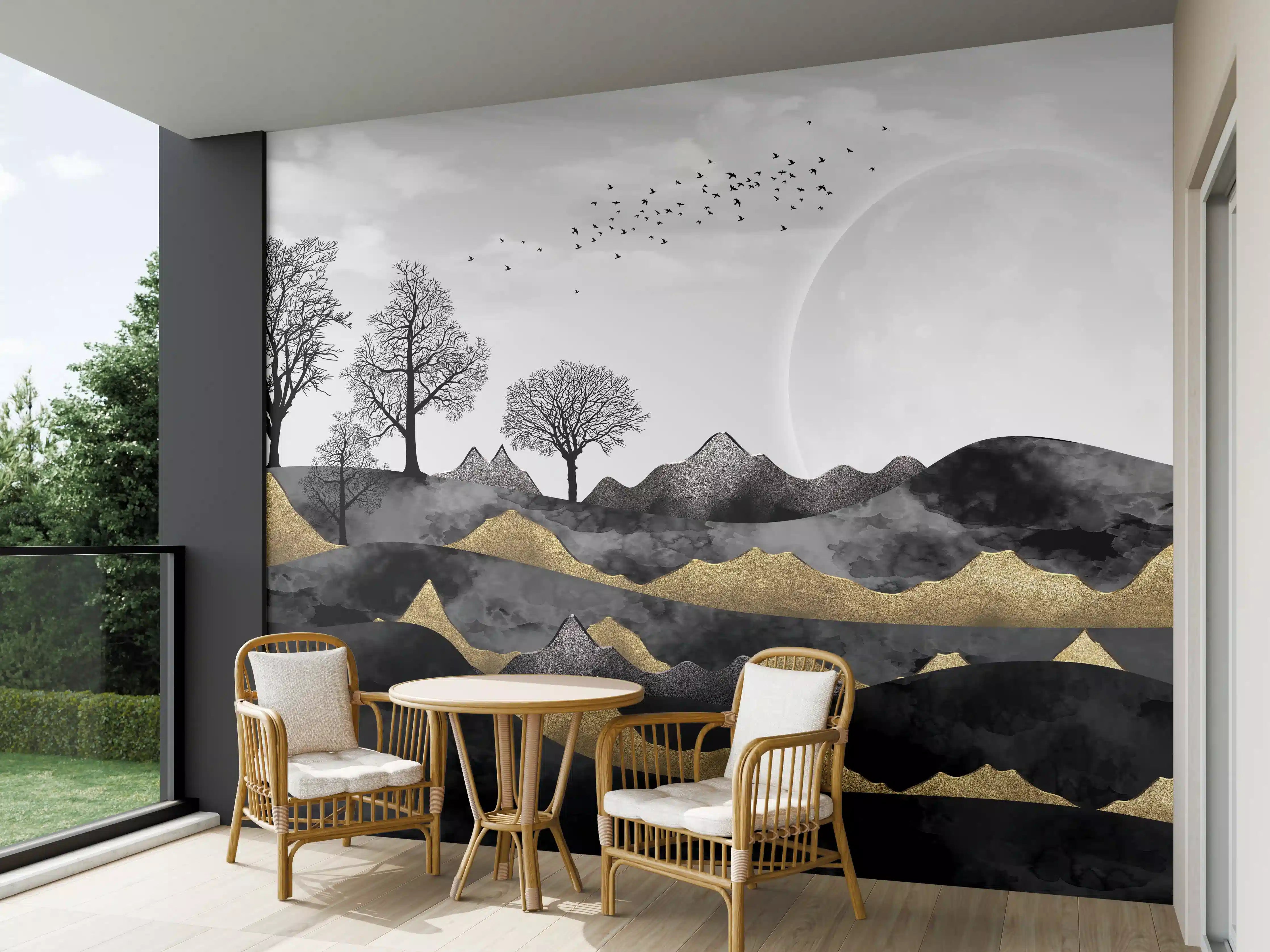 Wandverkleidung außen - Mondlandschaft mit Bäumen und Bergen in Schwarz-Weiß