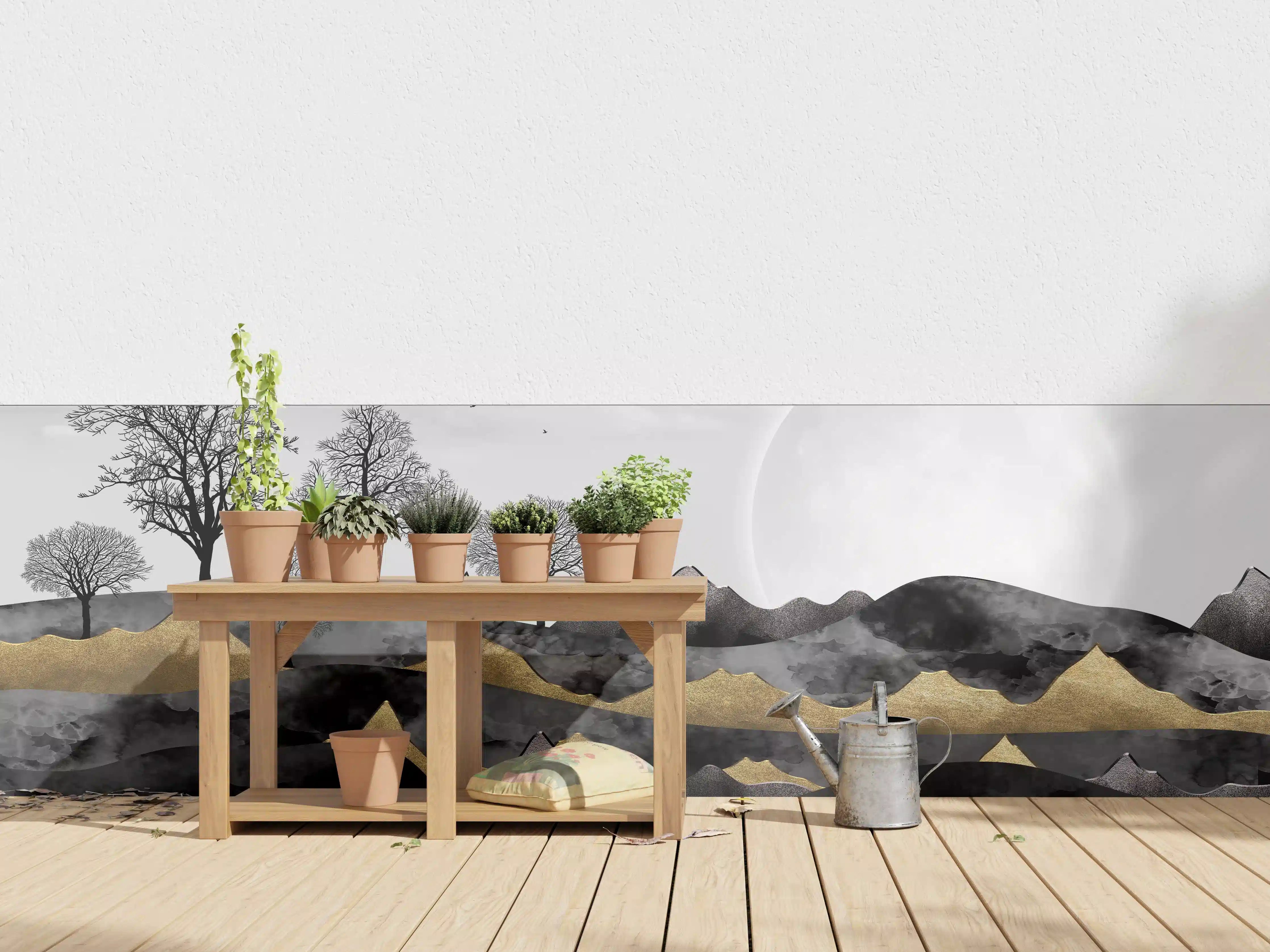 Wandverkleidung außen - Mondlandschaft mit Bäumen und Bergen in Schwarz-Weiß