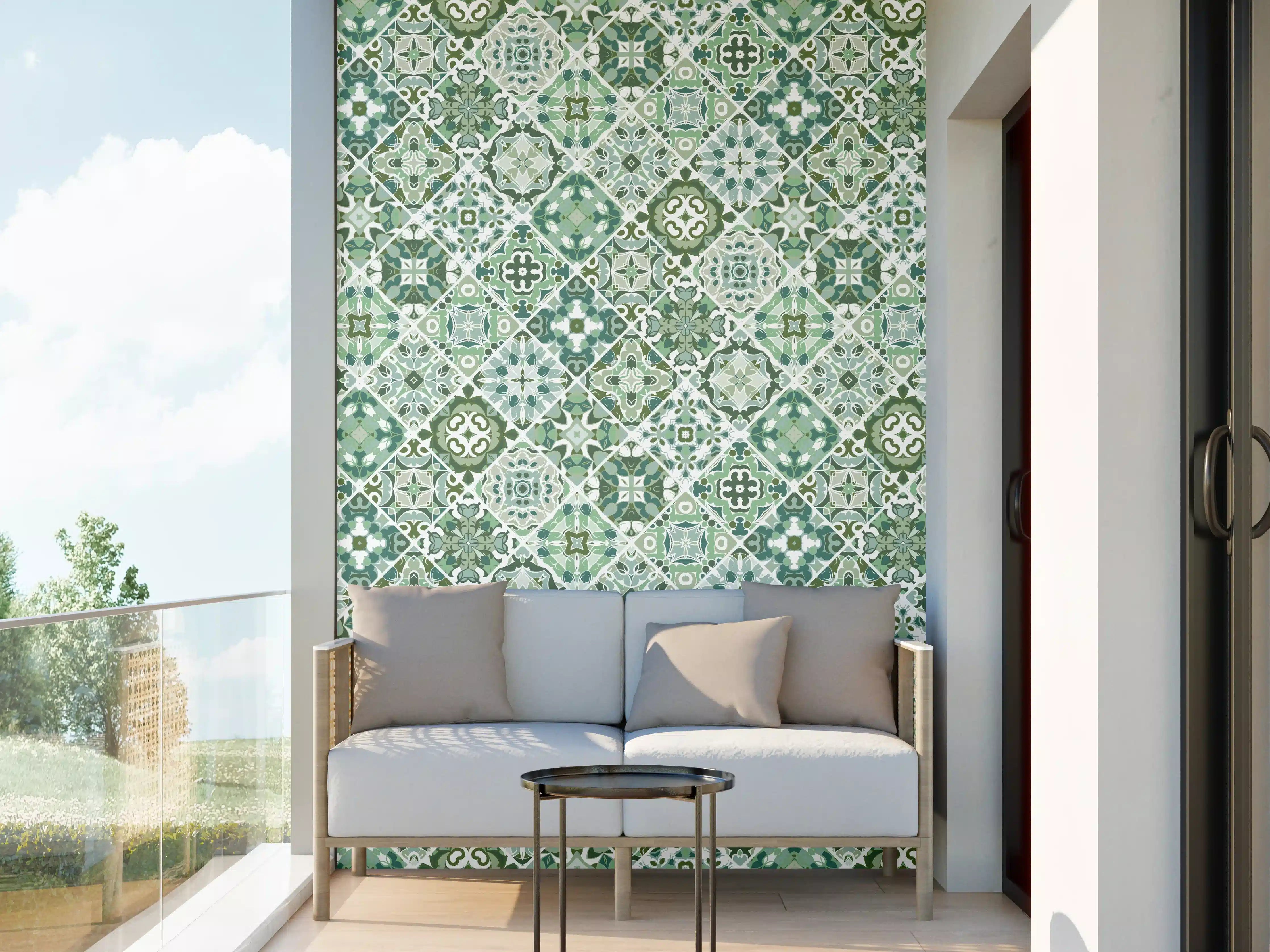 Wandverkleidung außen - Musterhafte Fliesenoptik in sanften Grüntönen