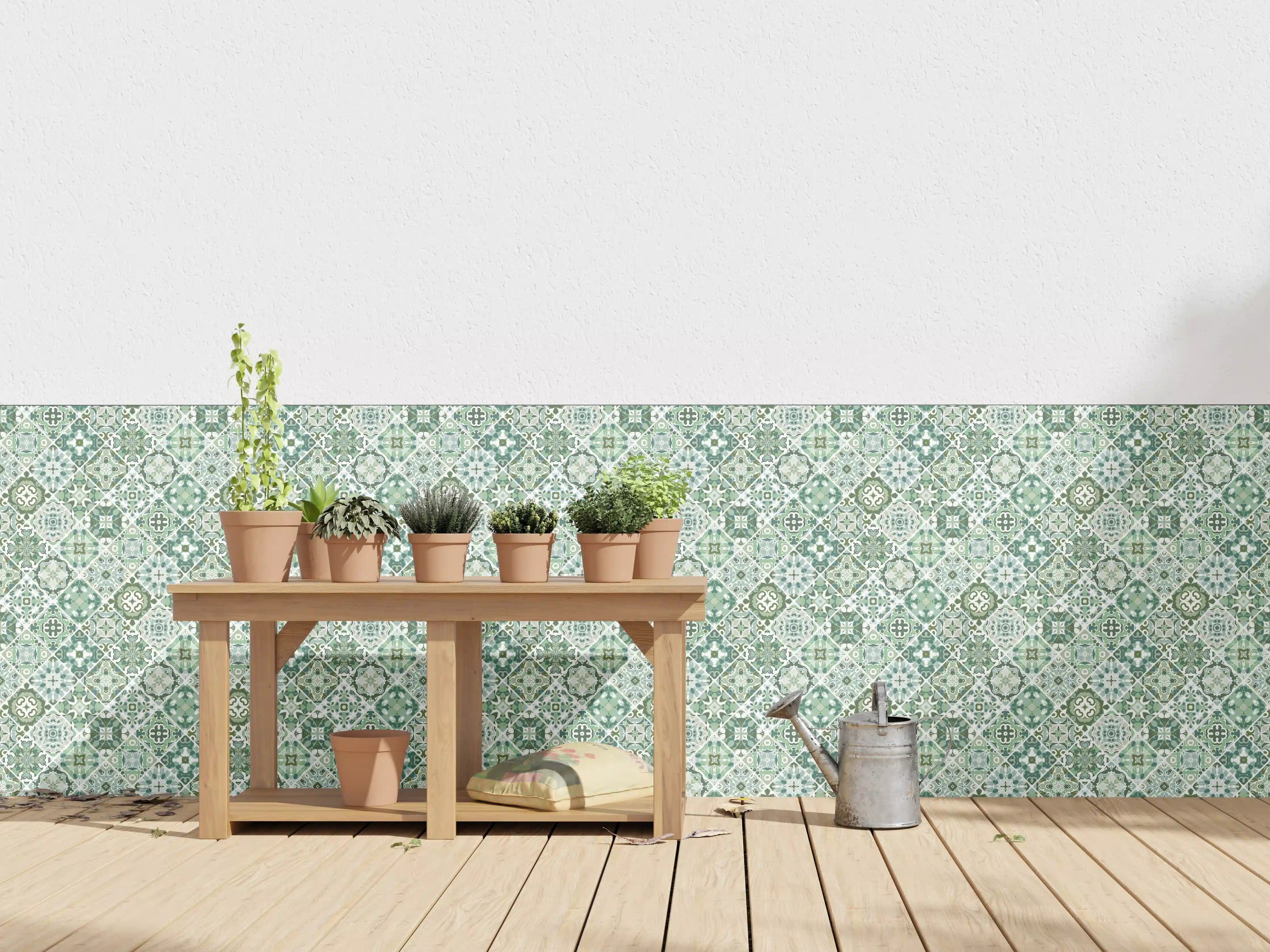 Wandverkleidung außen - Musterhafte Fliesenoptik in sanften Grüntönen