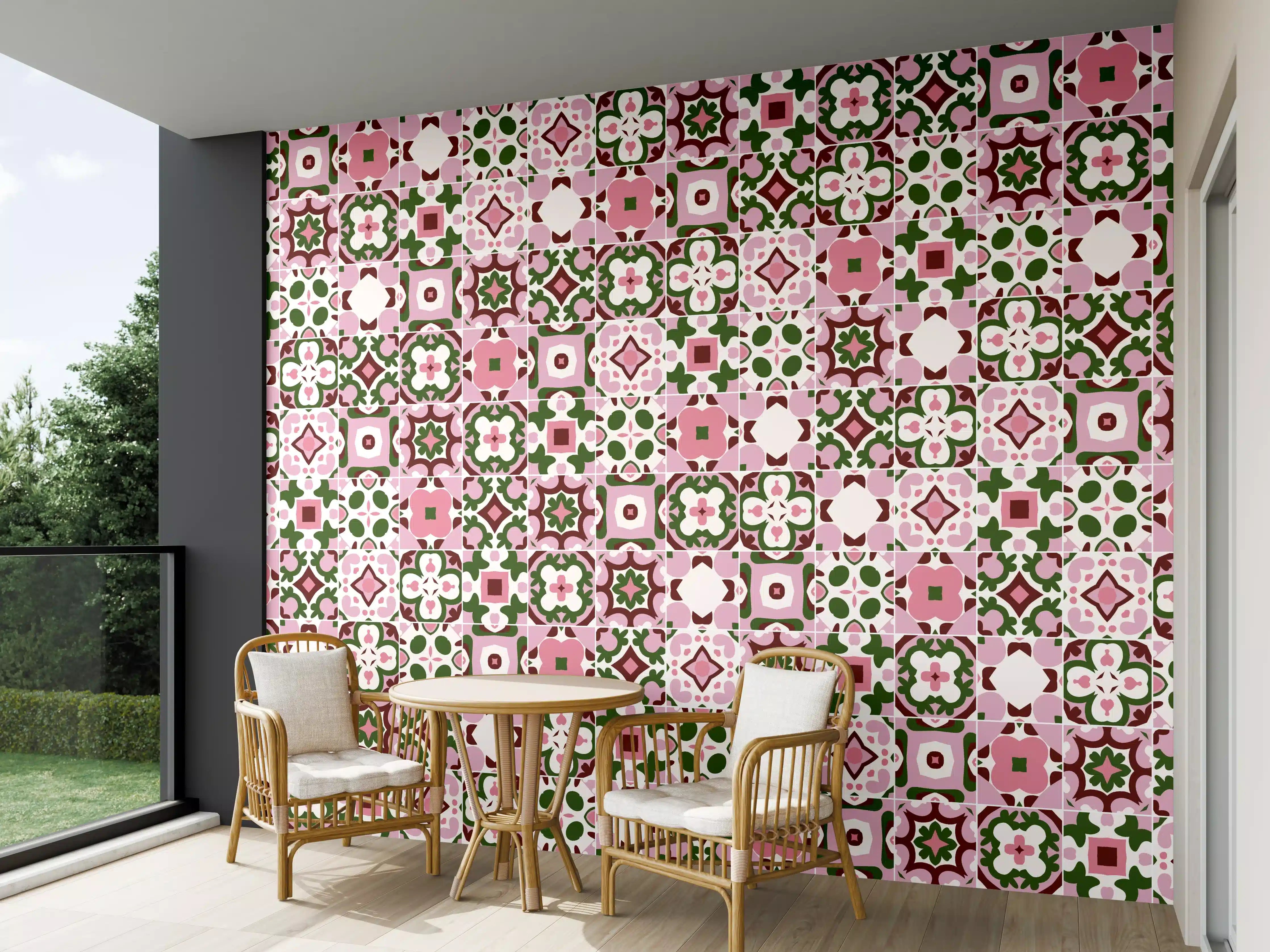 Wandverkleidung außen - Musterhafte, bunte Mosaikfliesen mit pink, grün und weiß