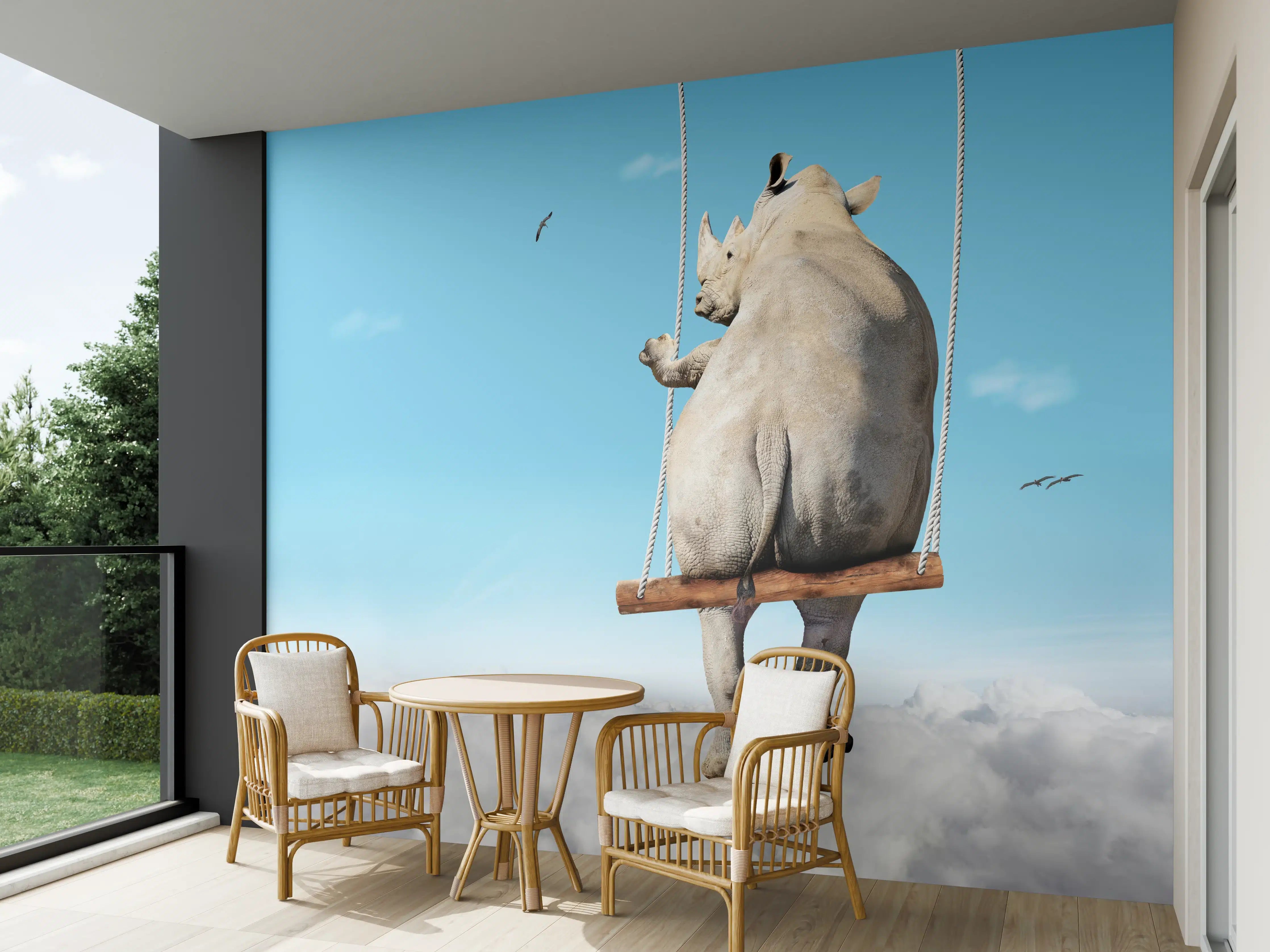 Wandverkleidung außen - Nashorn schaukelt über den Wolken