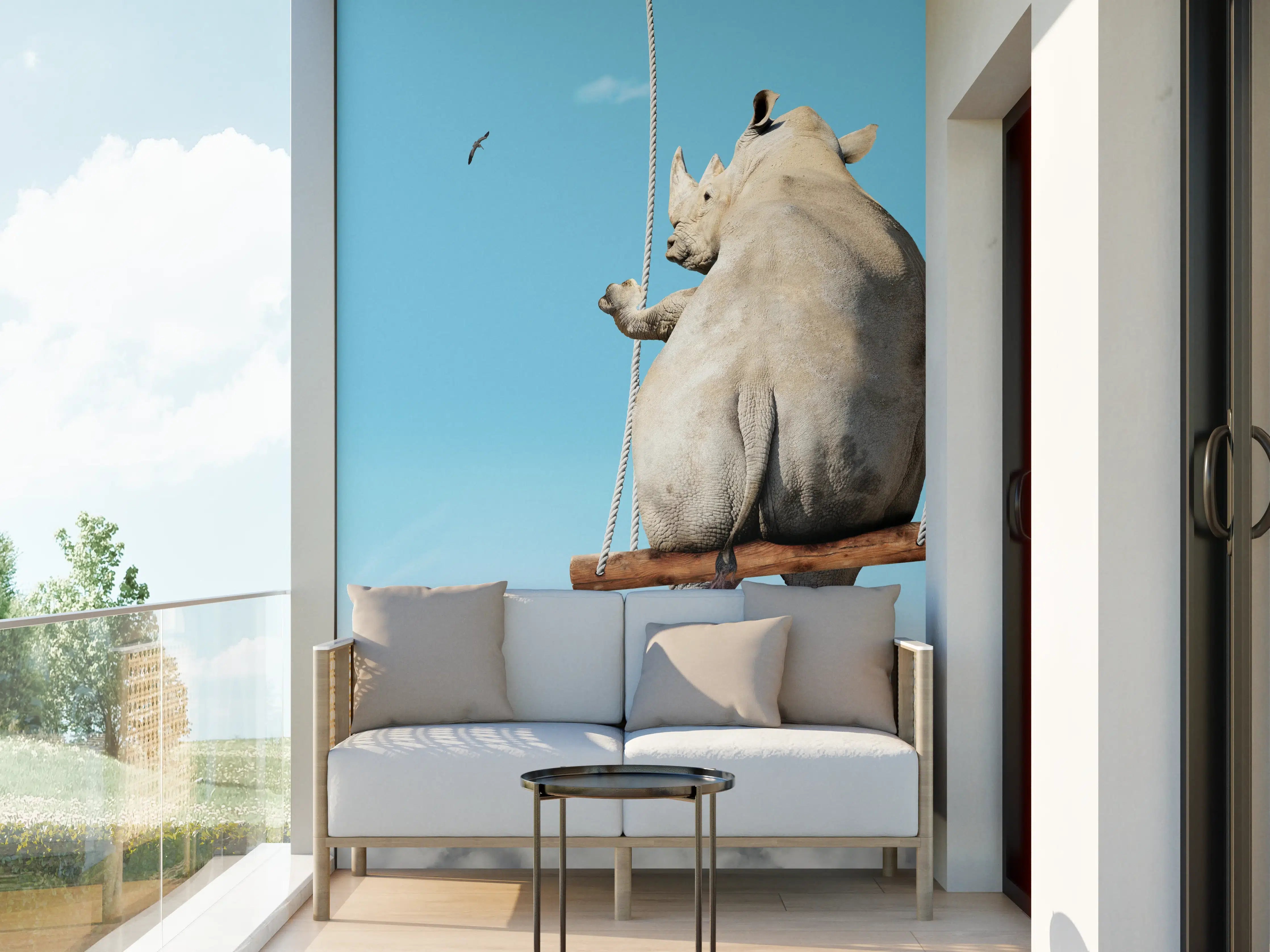 Wandverkleidung außen - Nashorn schaukelt über den Wolken
