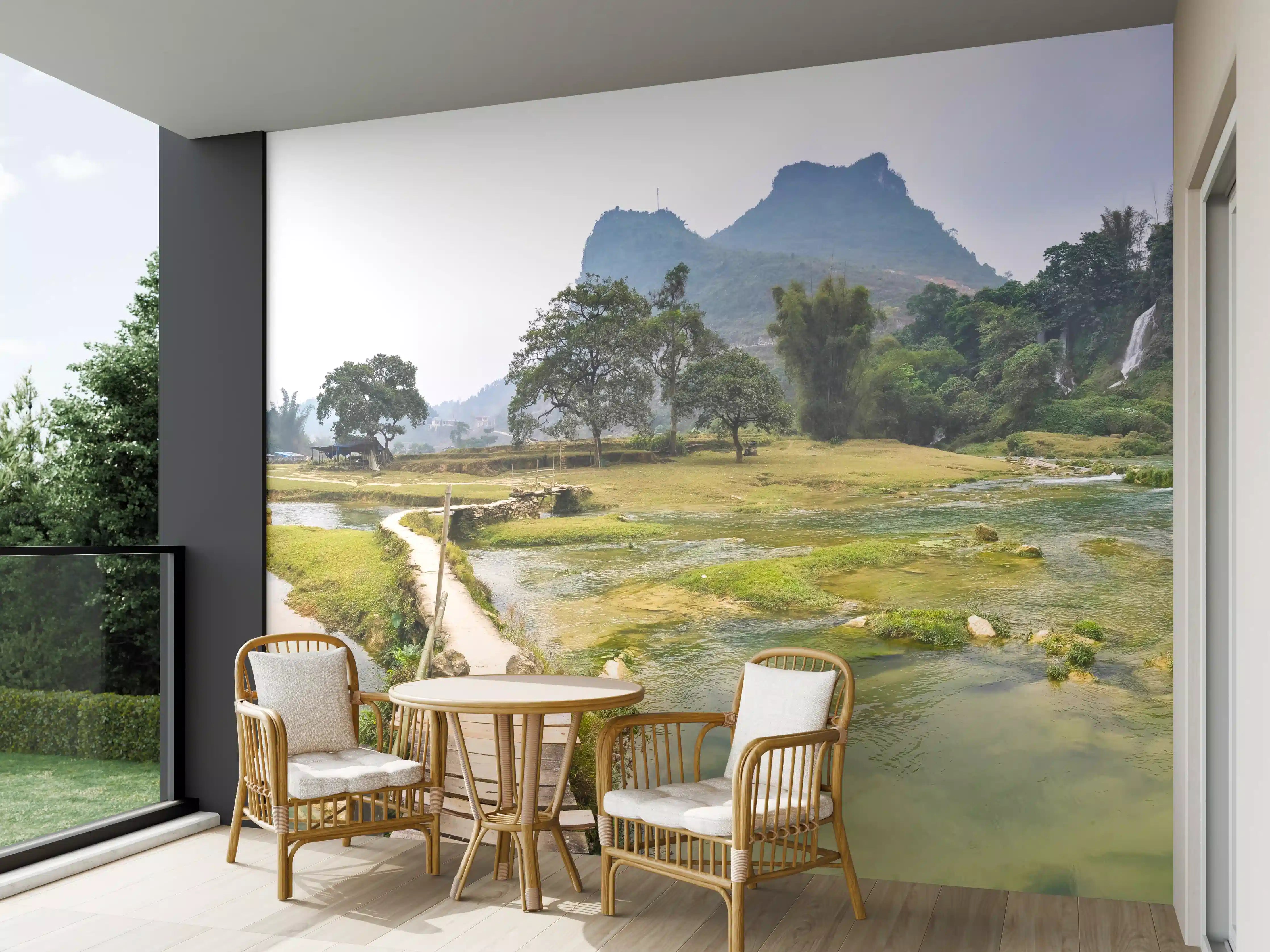 Wandverkleidung außen - Naturpanorama mit Wasserfällen und grüner Landschaft