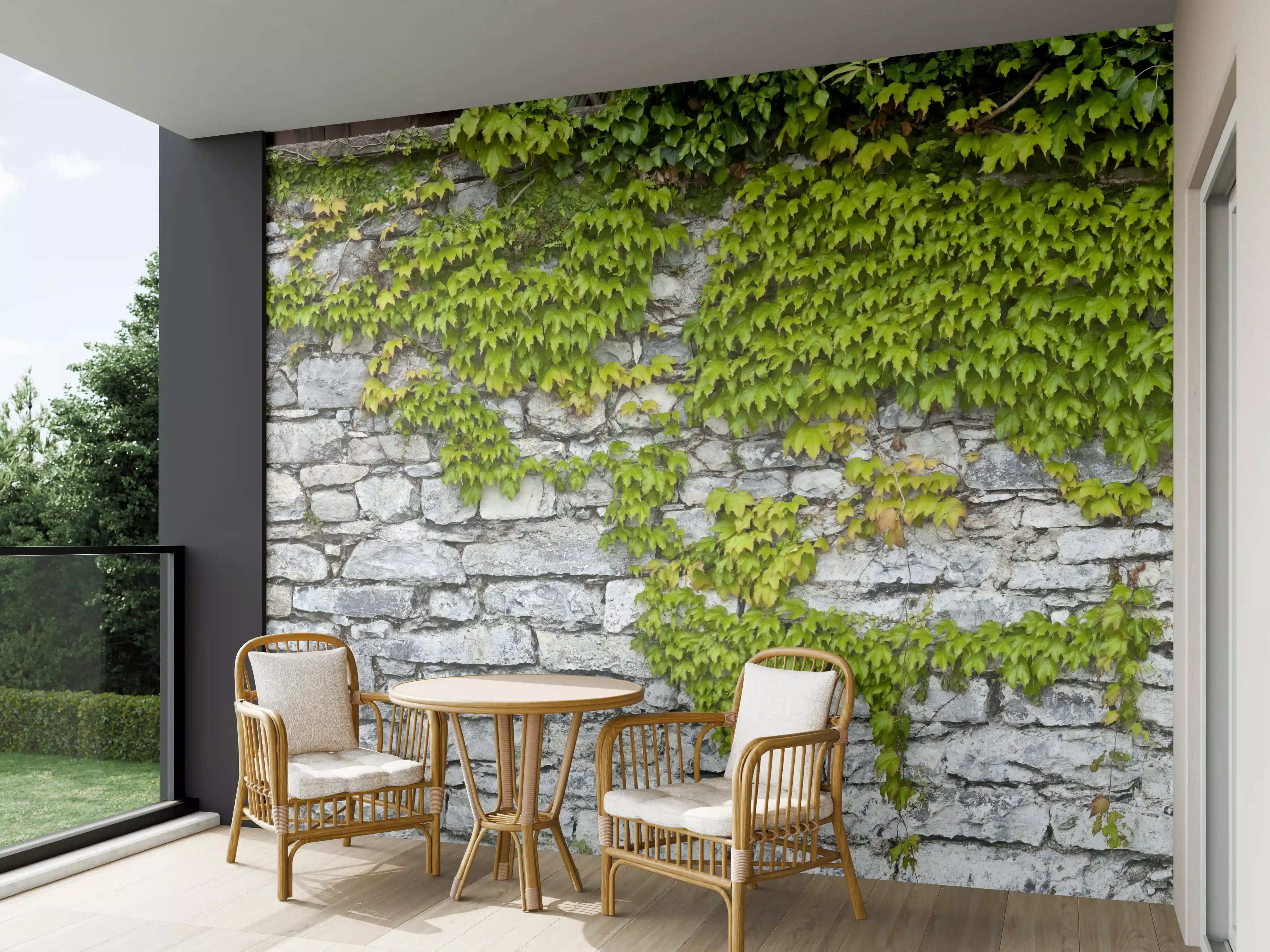 Wandverkleidung außen - Natursteinmauer mit Weinlaub