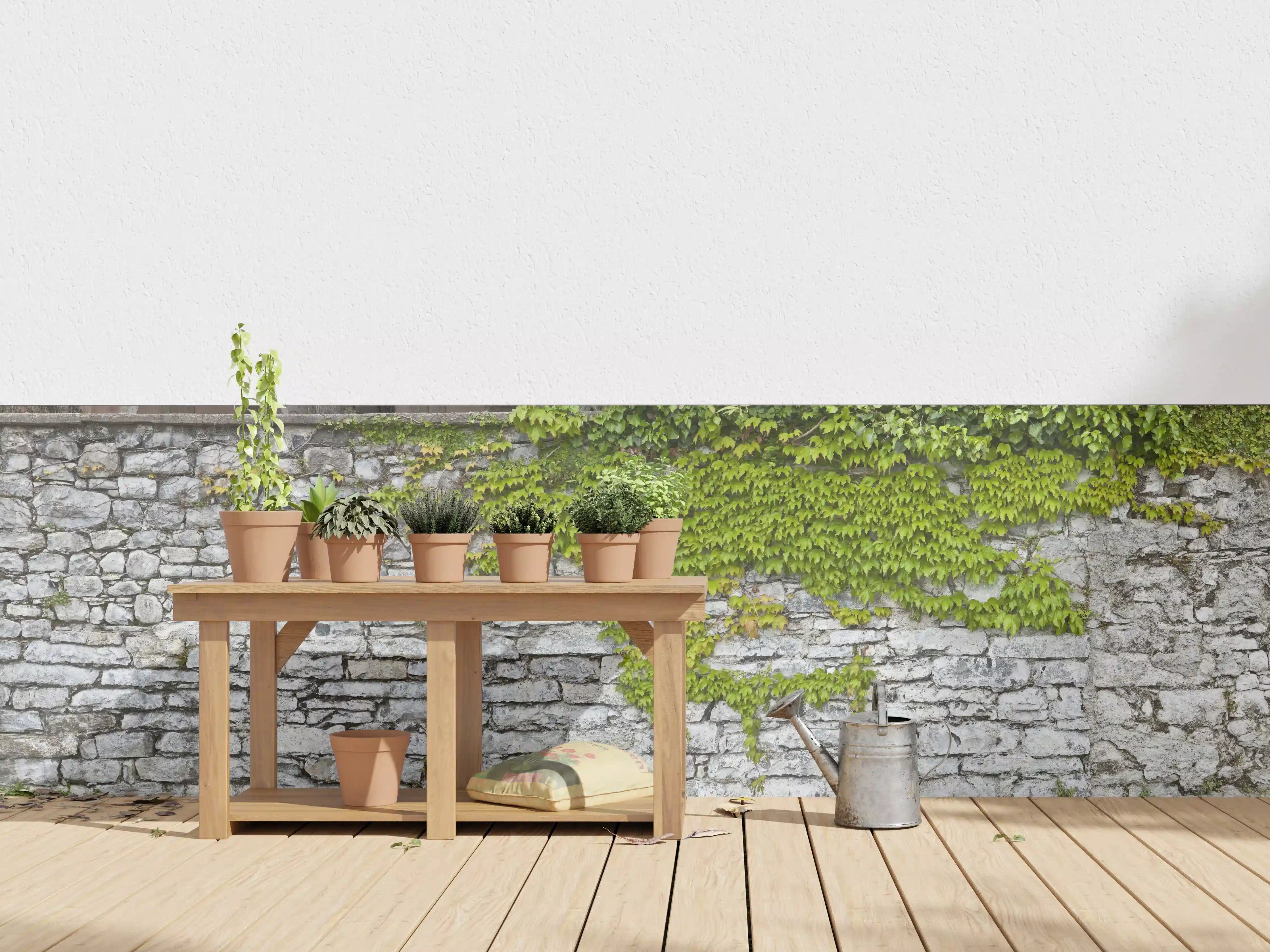 Wandverkleidung außen - Natursteinmauer mit Weinlaub