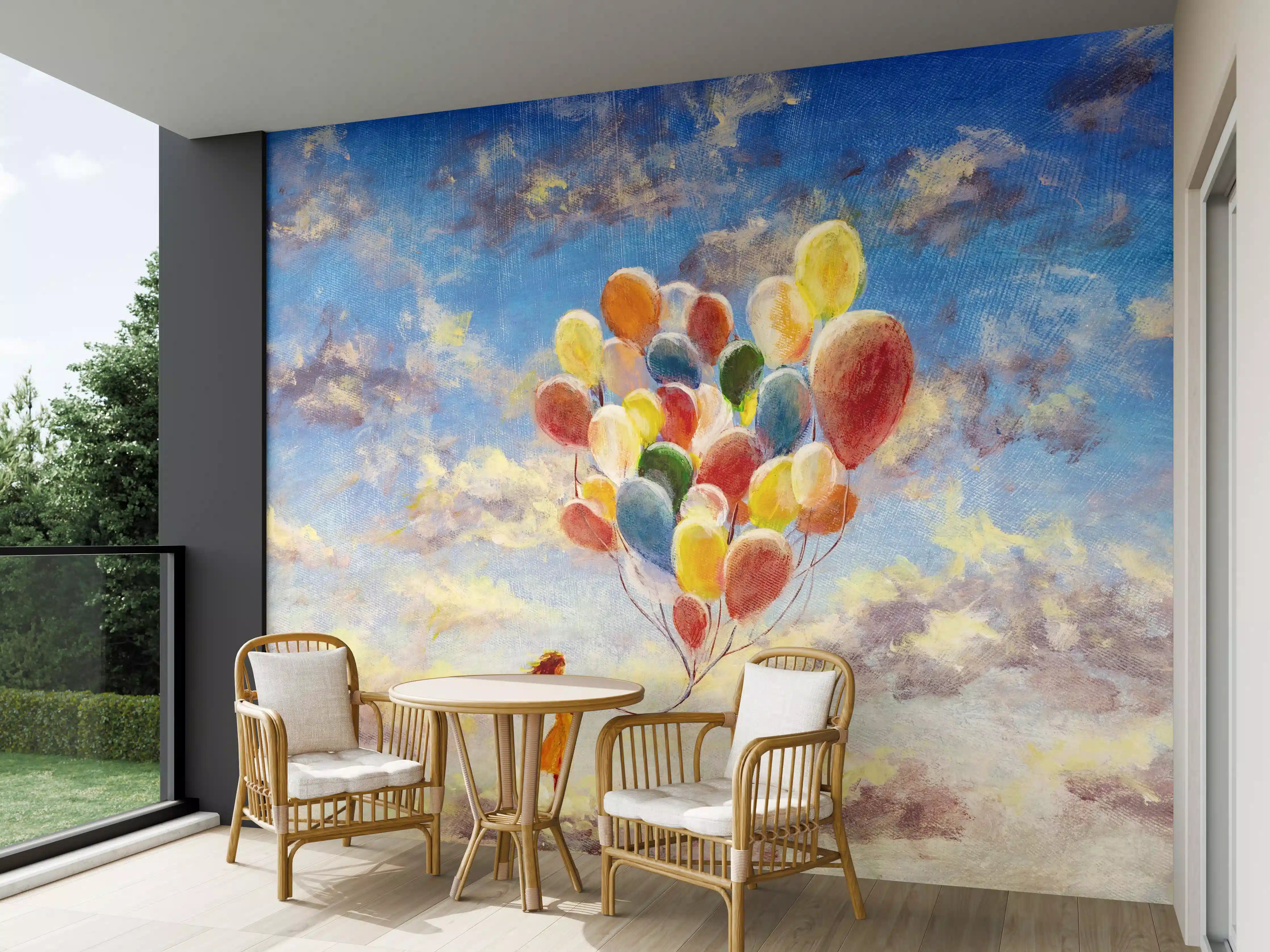 Wandverkleidung außen - Ölgemälde einer jungen Frau mit Luftballons