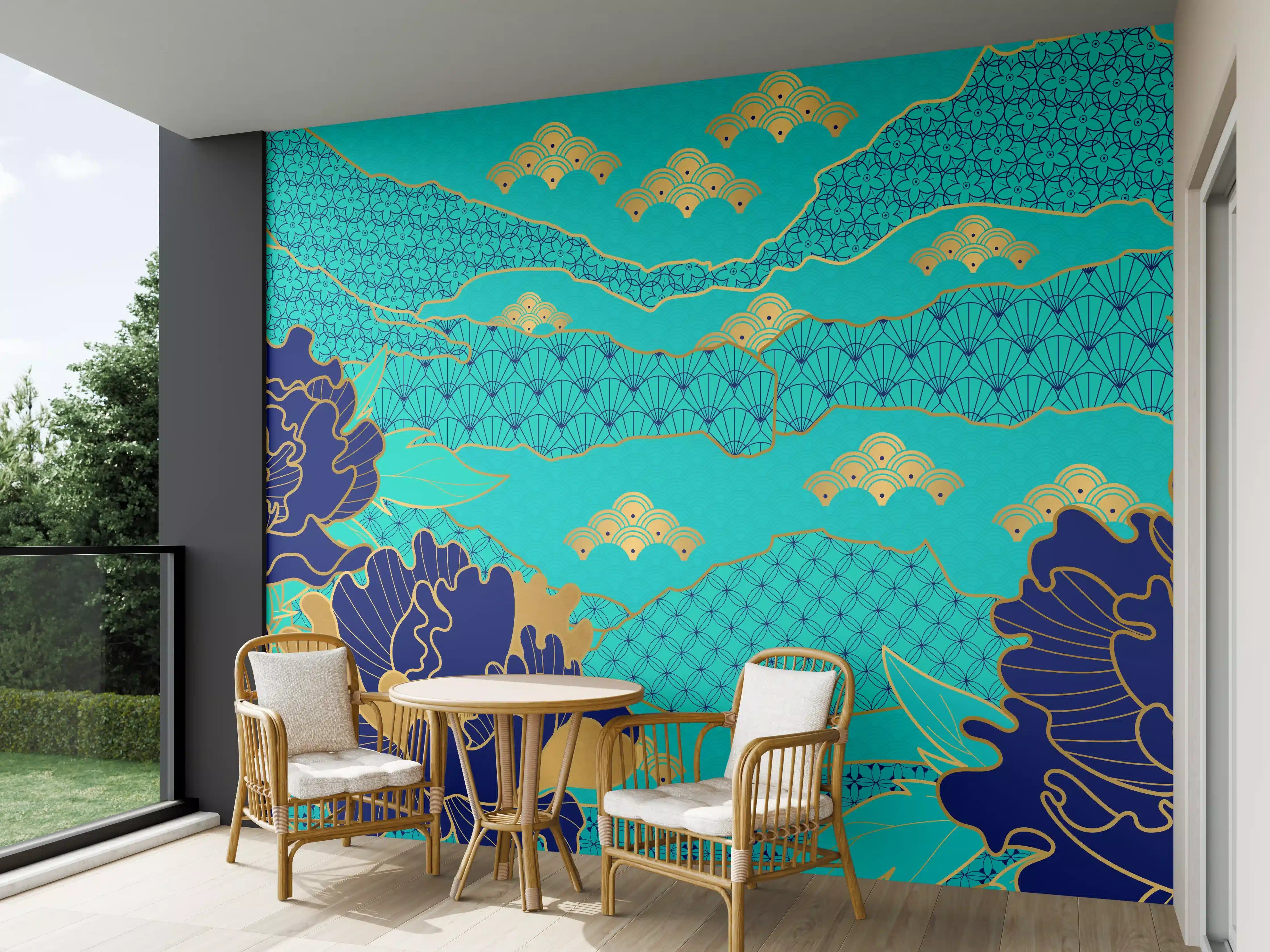 Wandverkleidung außen - Orientalisch-Blauer Blumen-Digitaldruck