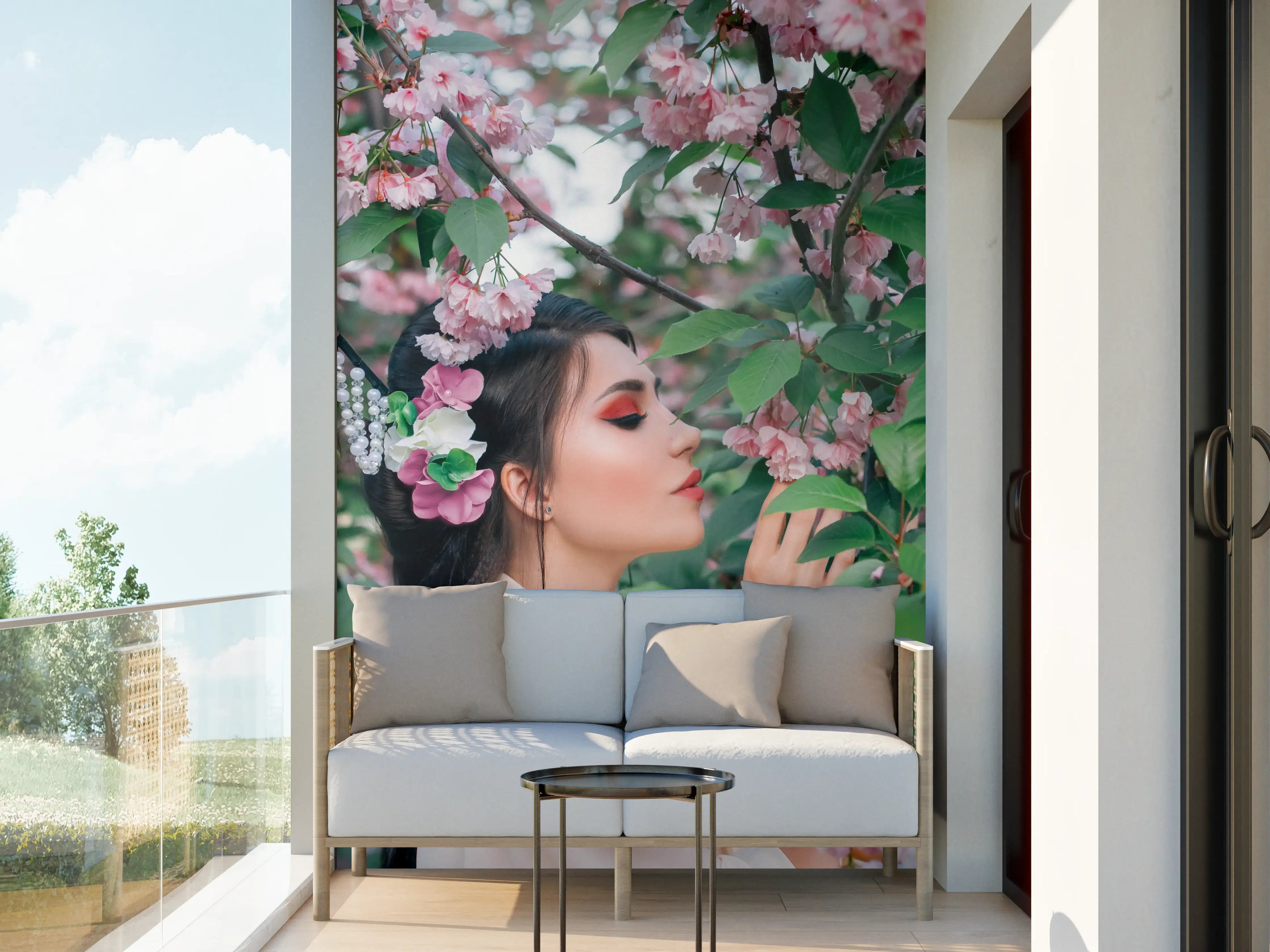 Wandverkleidung außen - Orientalische Frau in Sakura-Blüten