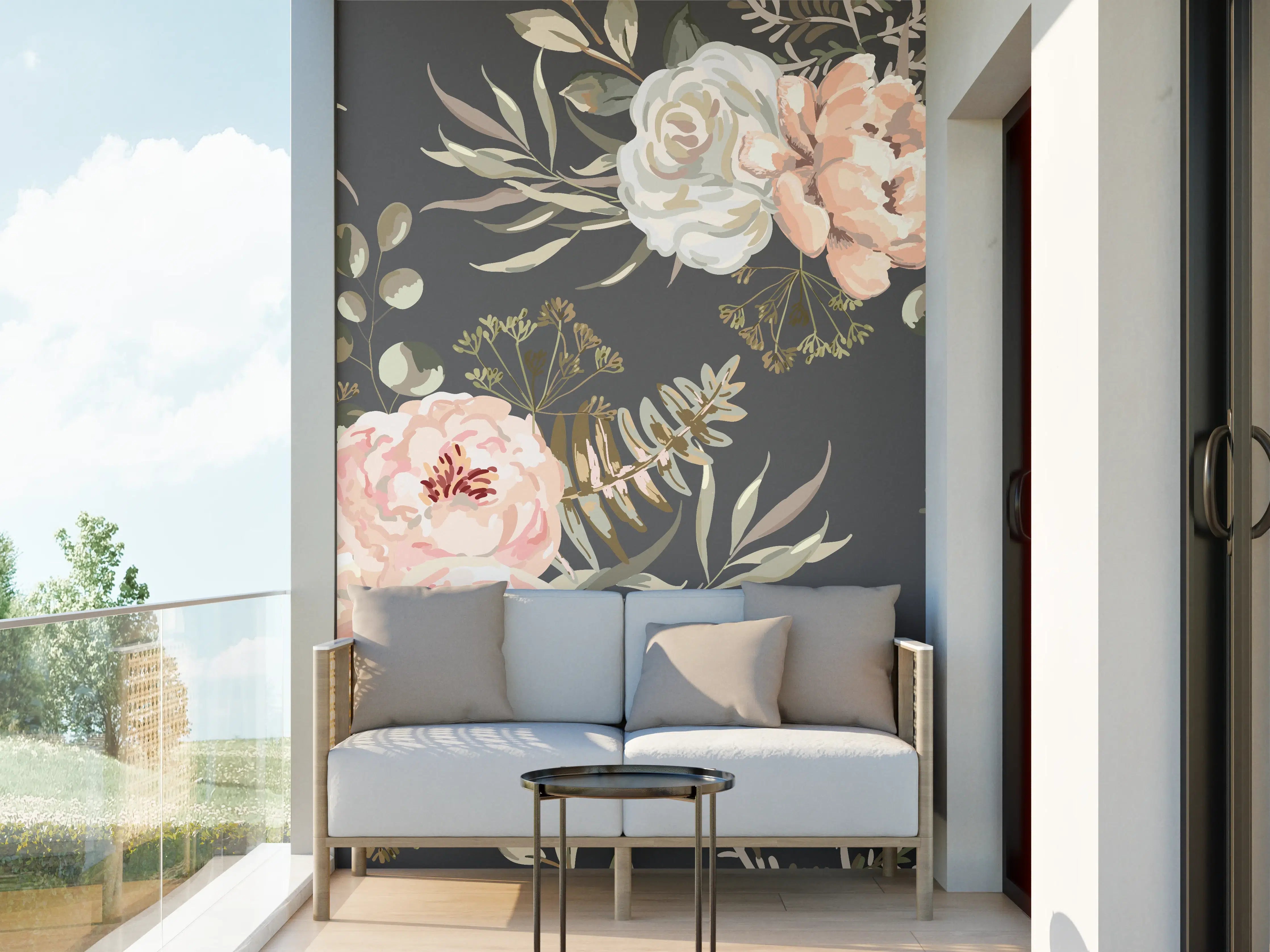 Wandverkleidung außen - Pastellfarbene Blumenillustration mit zarten Grautönen