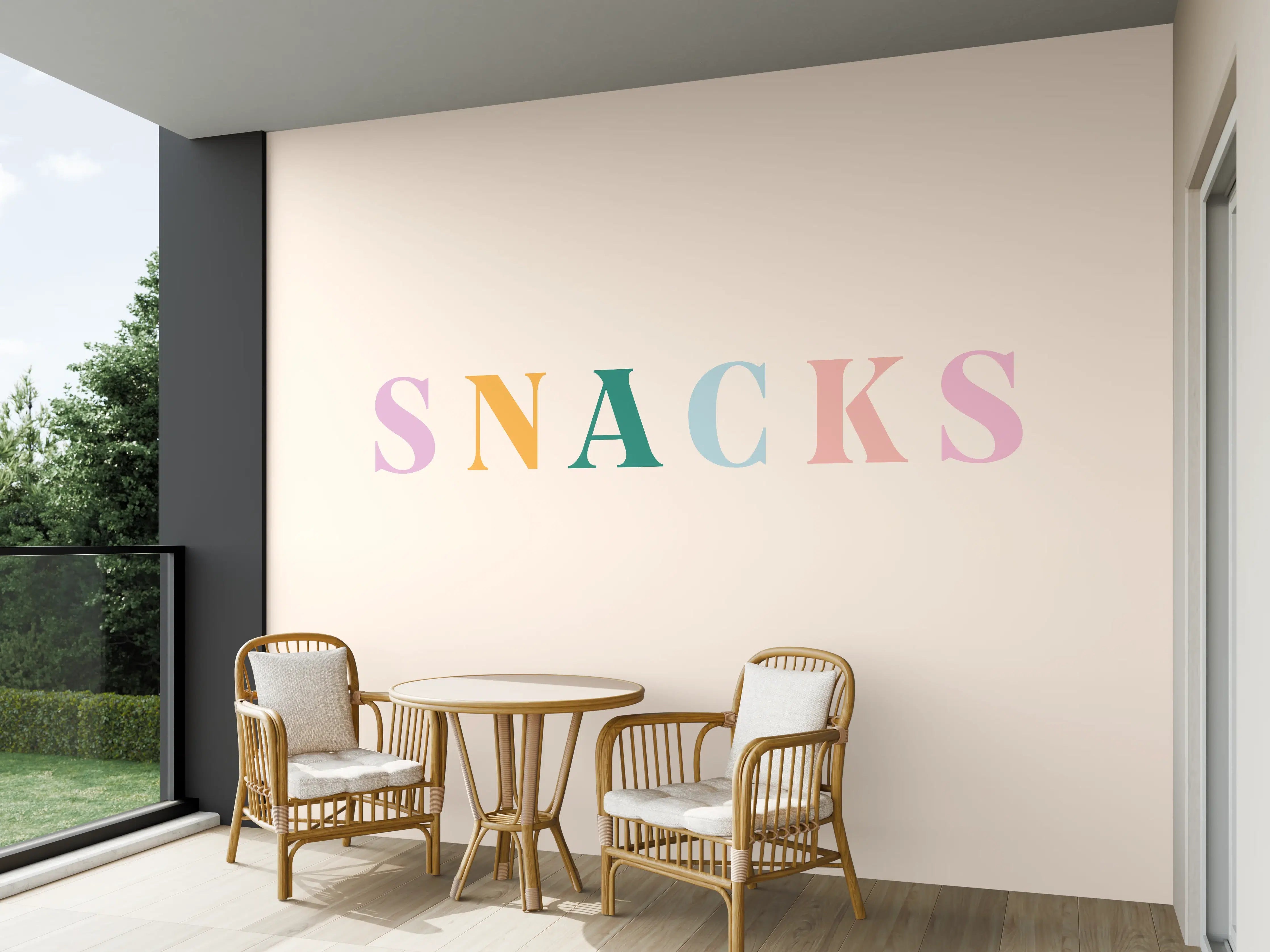 Wandverkleidung außen - Pastellfarbene 'SNACKS' Schrift