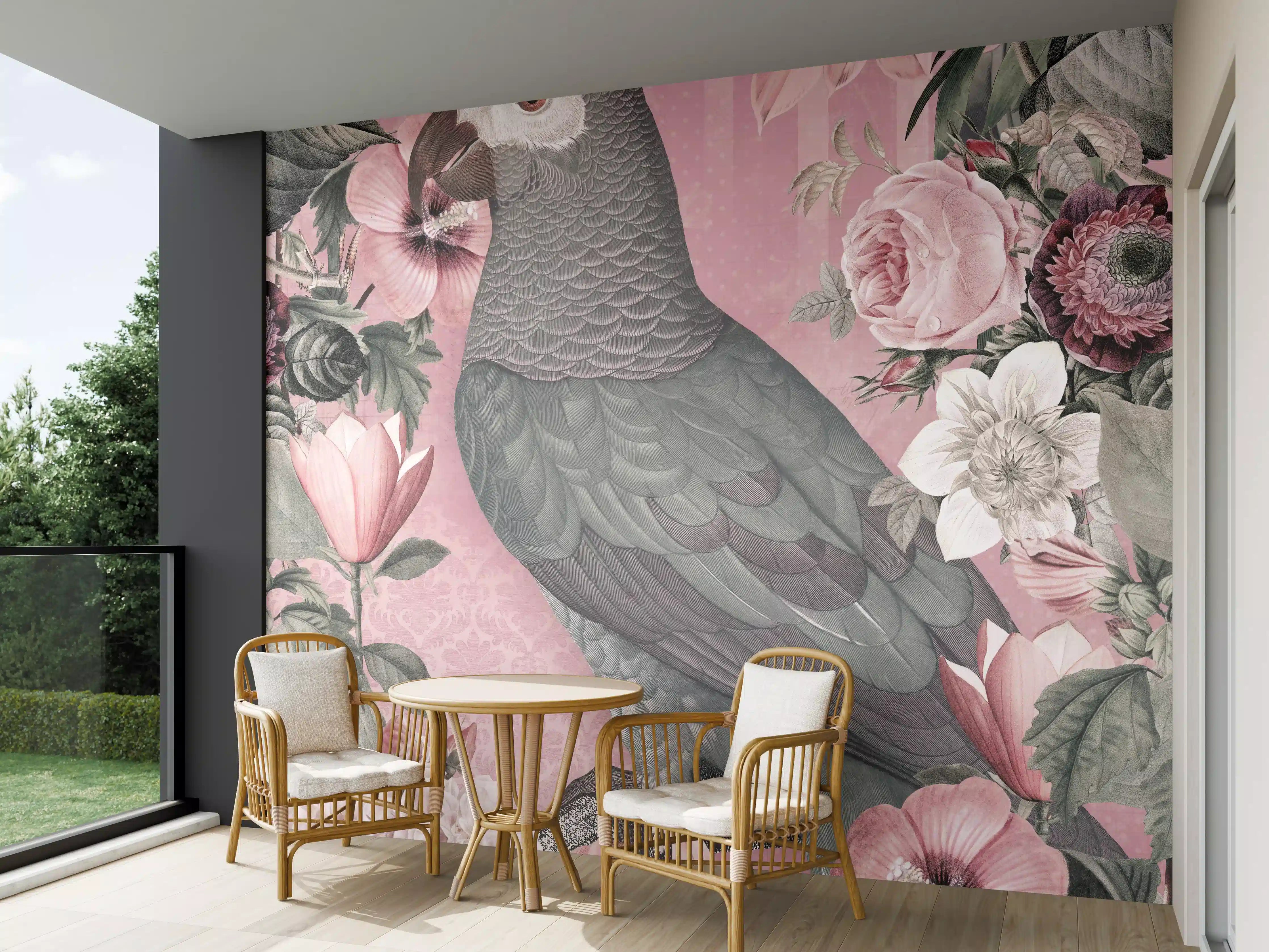 Wandverkleidung außen - Pastellrosa Papagei Flora