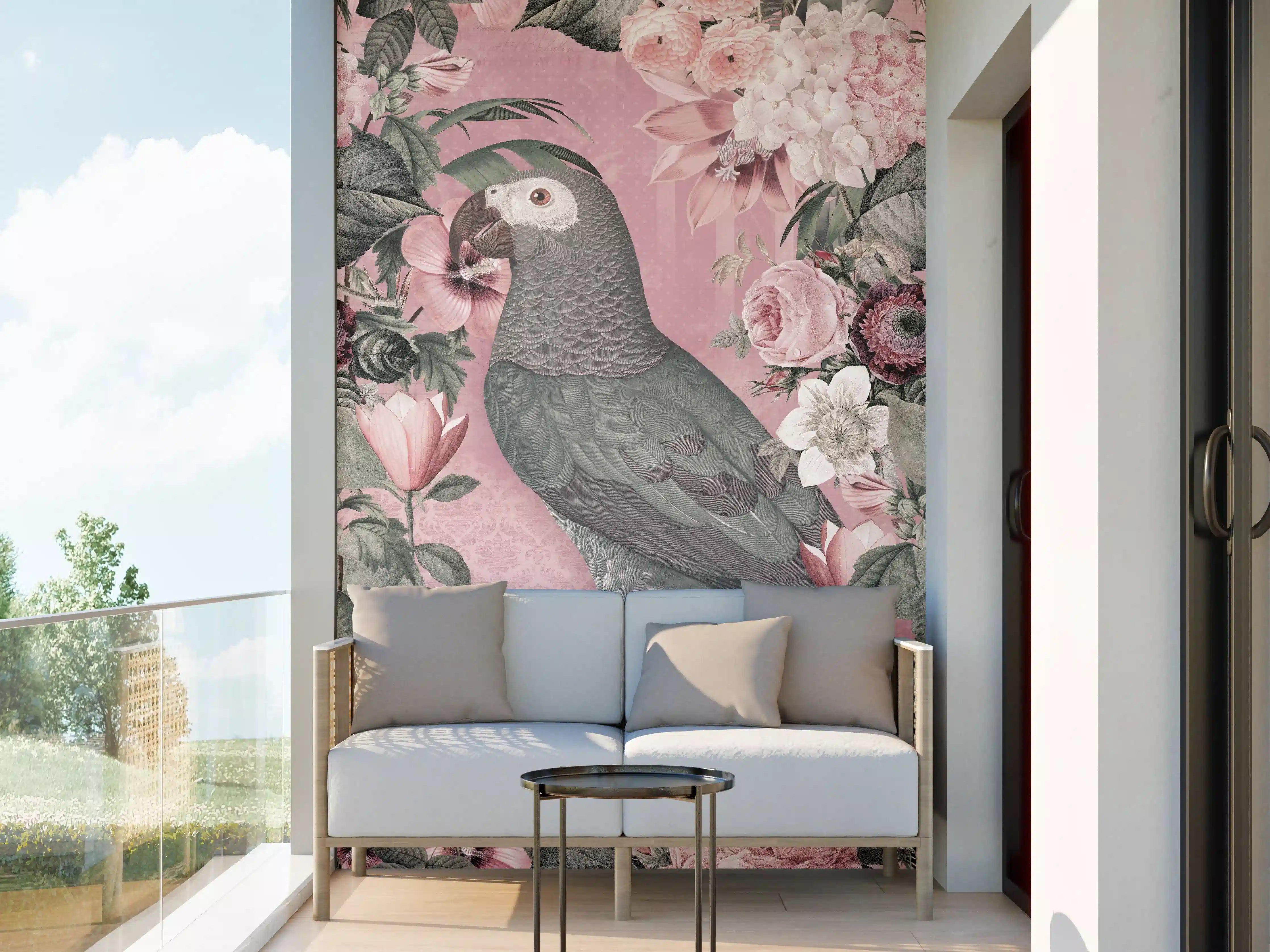 Wandverkleidung außen - Pastellrosa Papagei Flora
