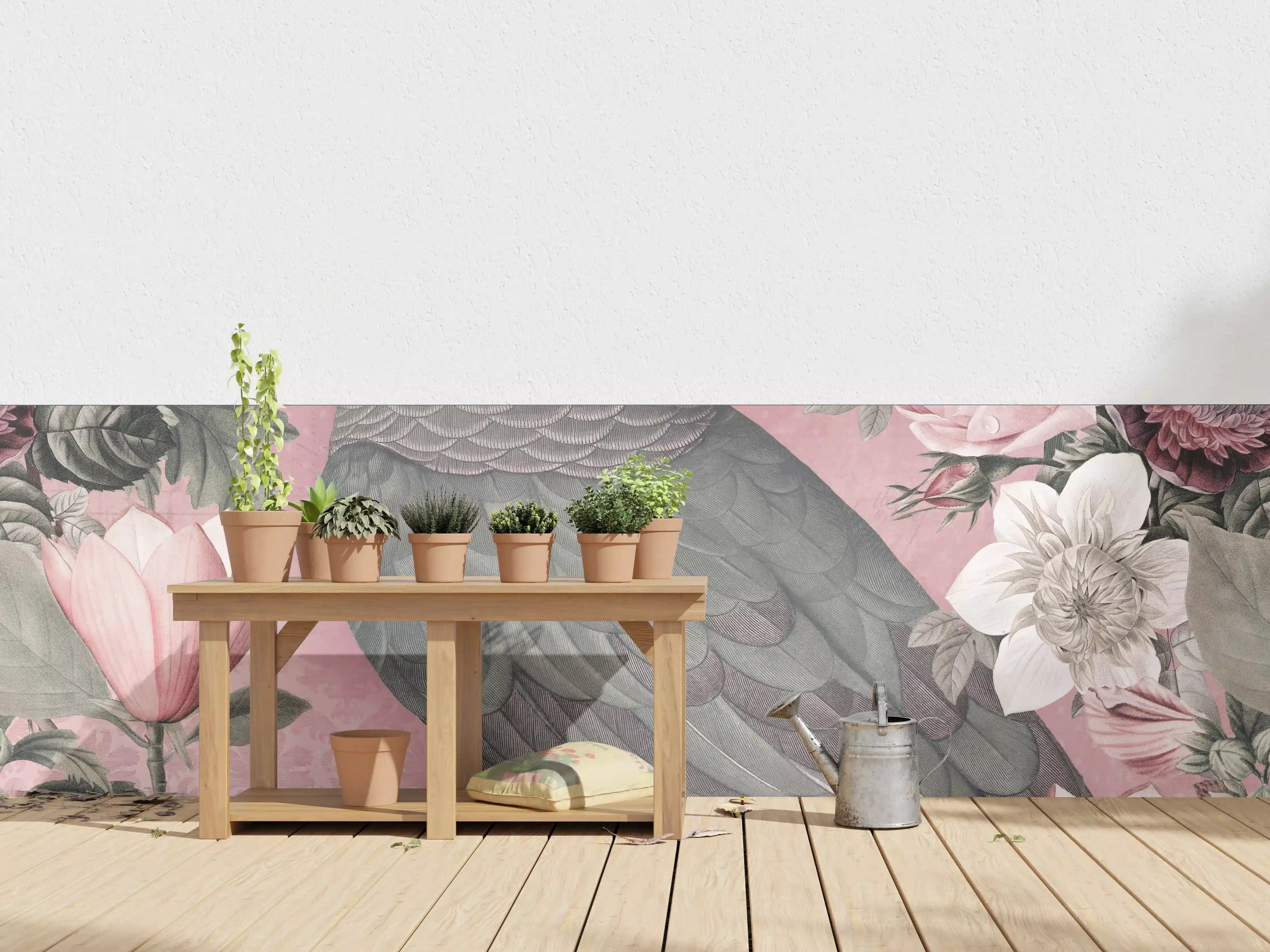 Wandverkleidung außen - Pastellrosa Papagei Flora