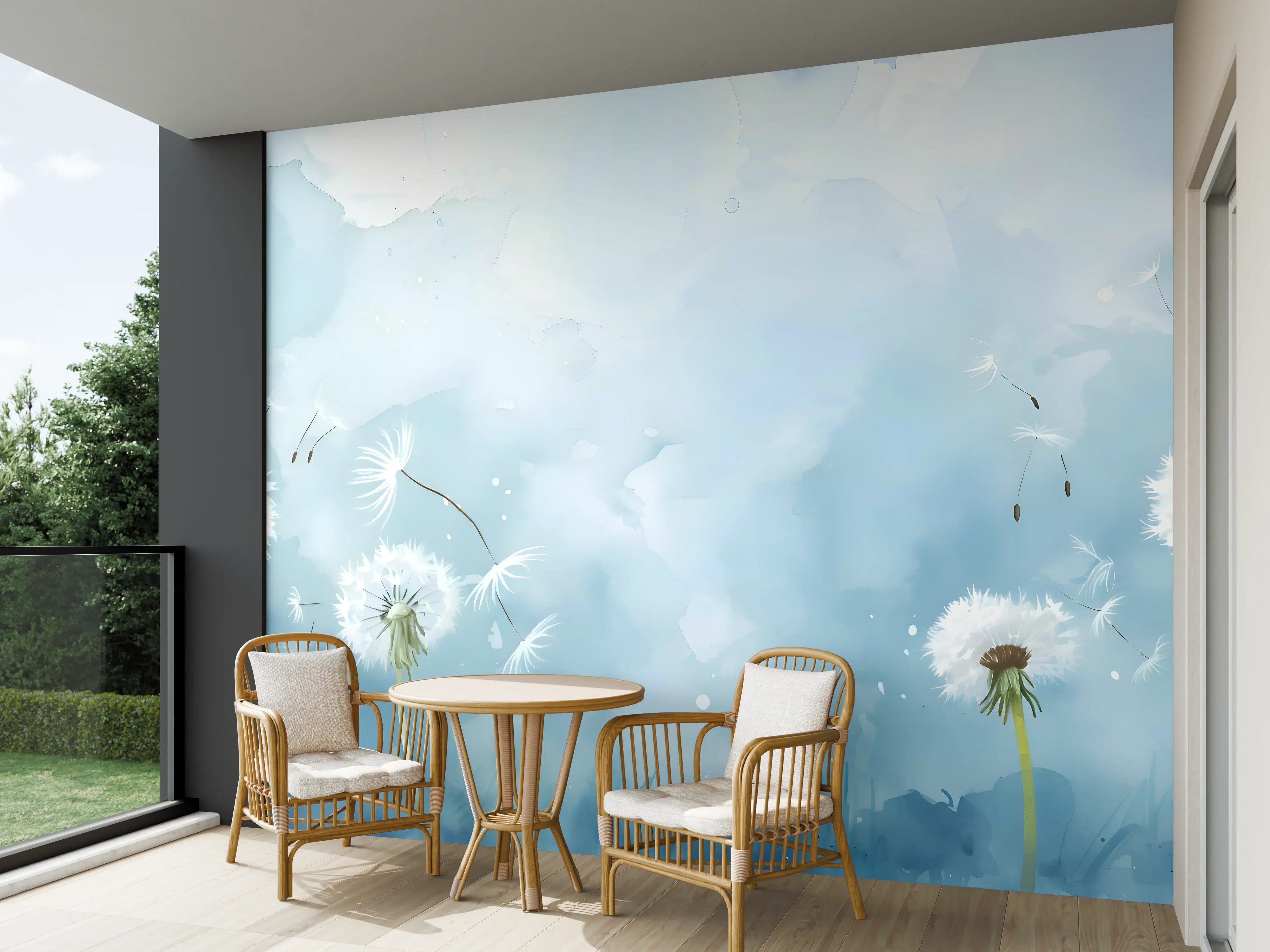 Wandverkleidung außen - Pusteblumen Aquarell Blau-Weiß