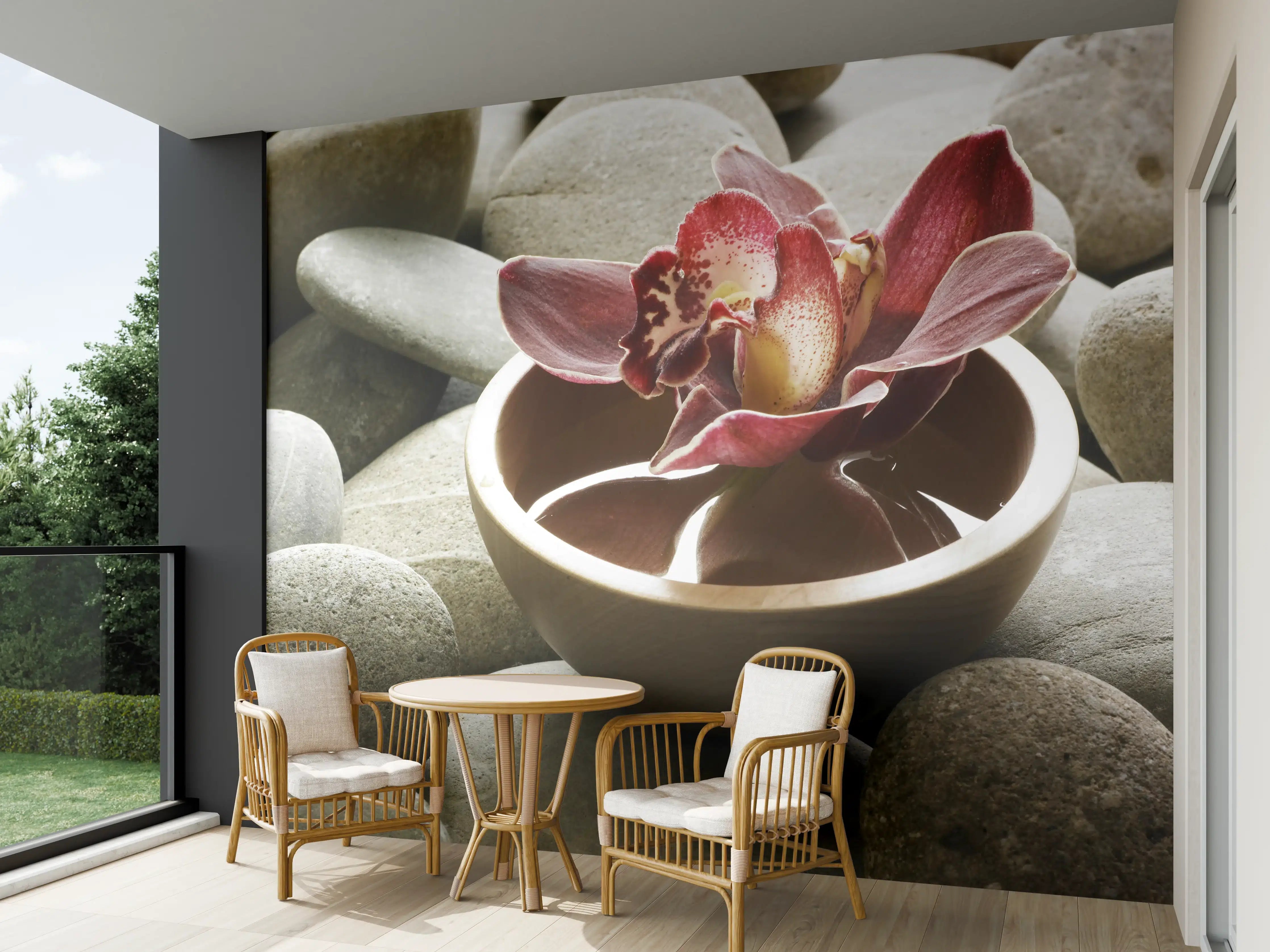 Wandverkleidung außen - Romantische Wasserschale mit Blüte auf Steinboden