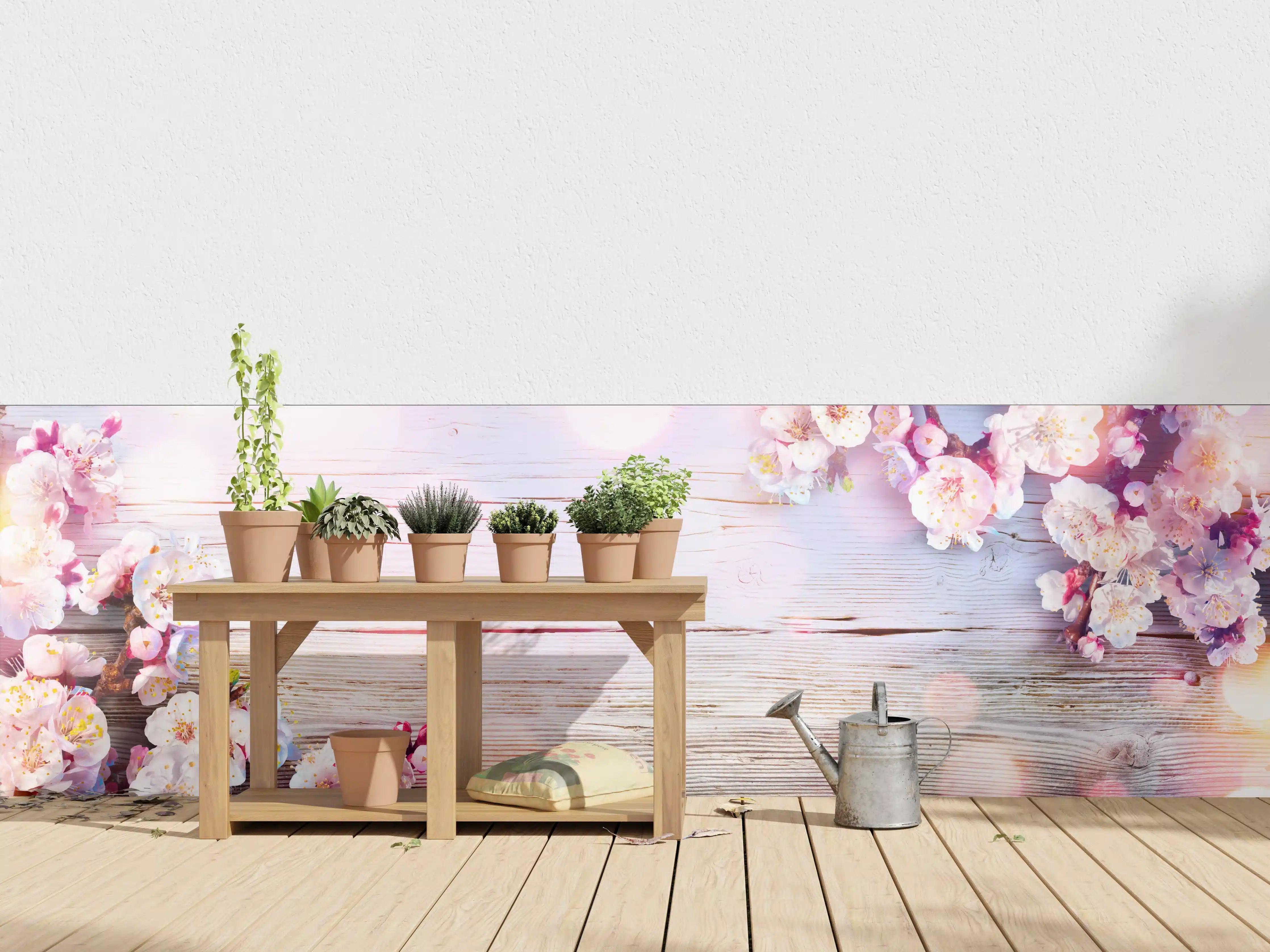 Wandverkleidung außen - Rosa Blüten auf Holzplatte