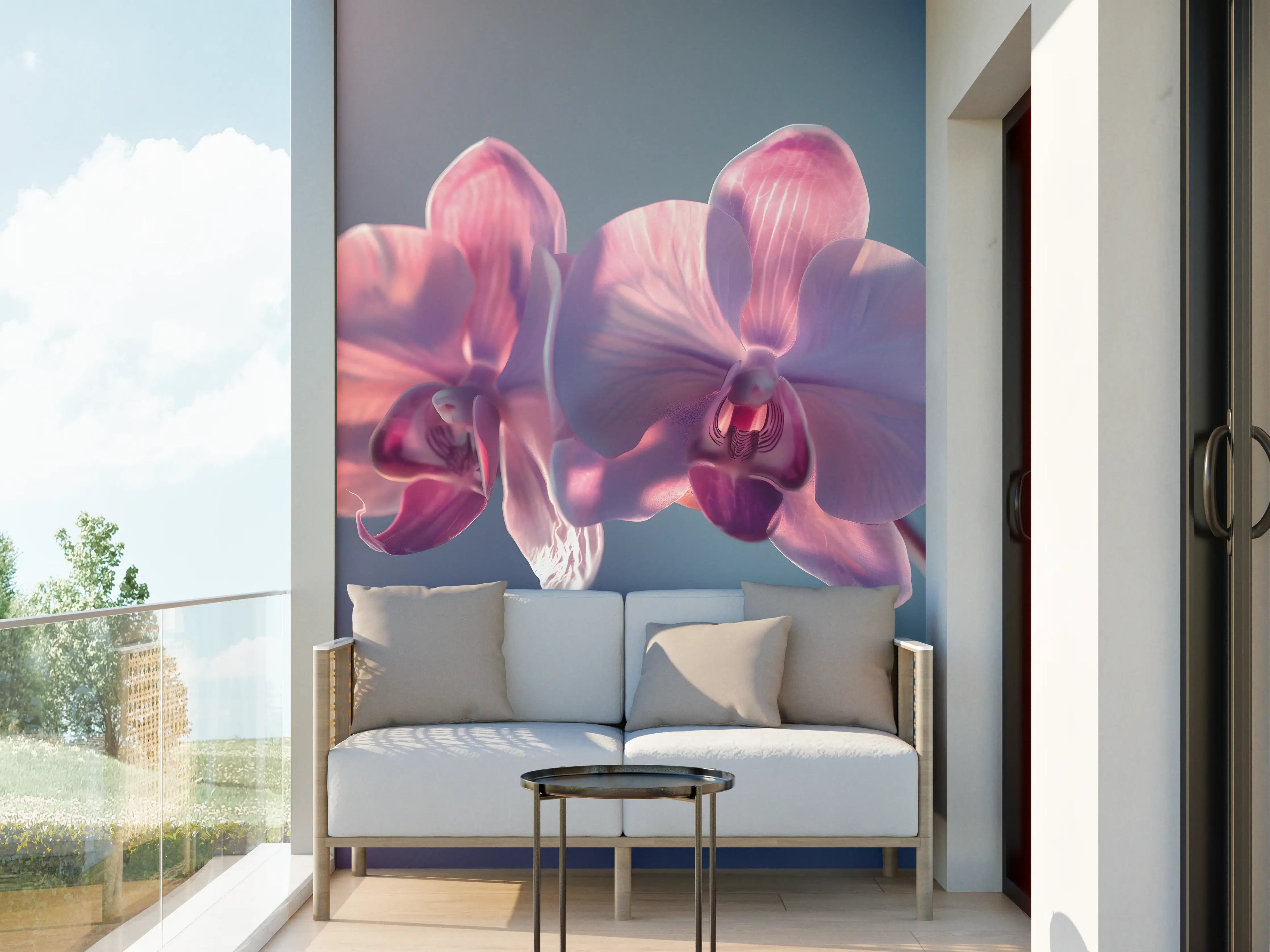 Wandverkleidung außen - Rosa Orchideen auf Blau