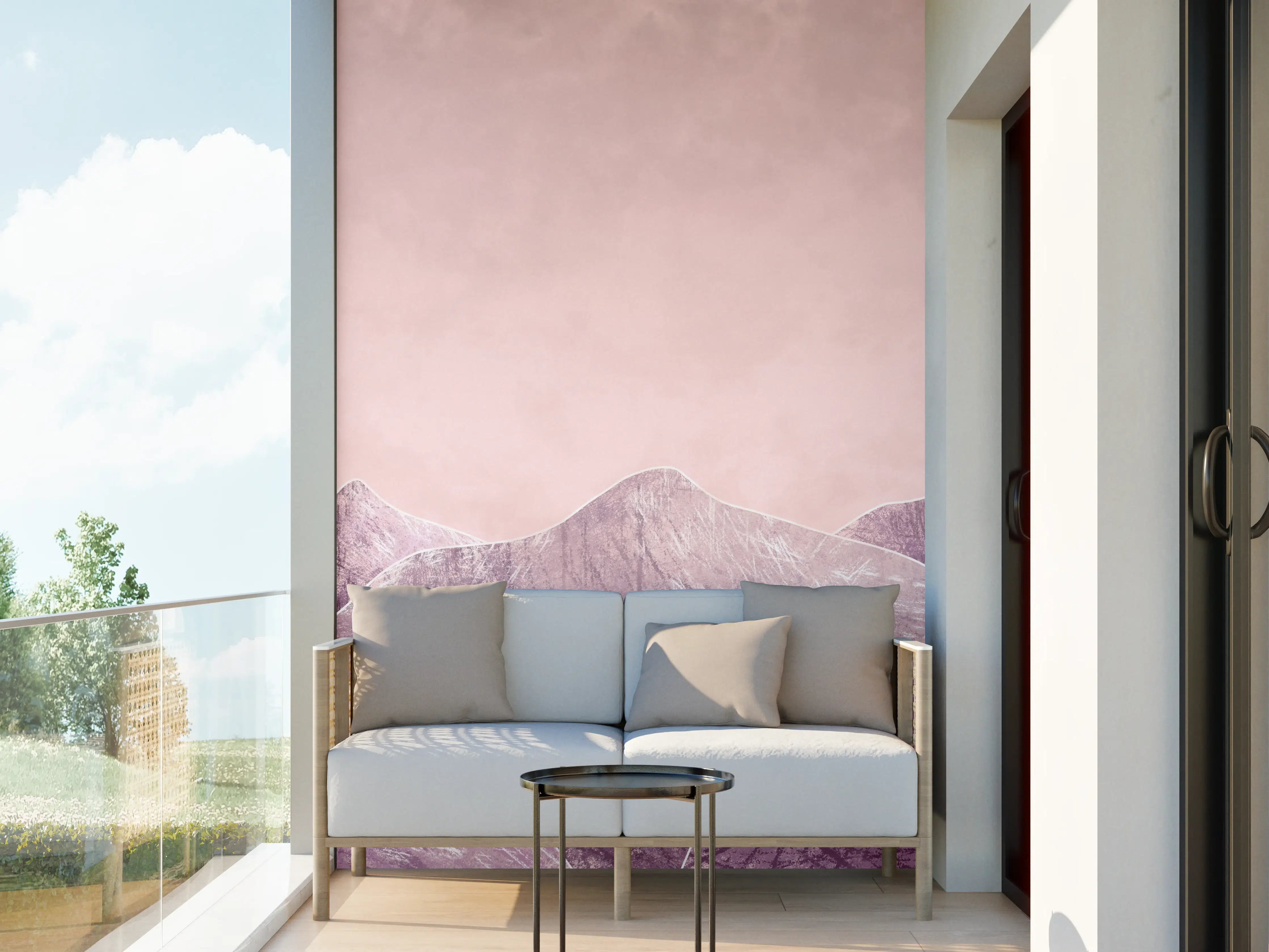 Wandverkleidung außen - Rosa-lilane Berglandschaft - Kunstmalerei