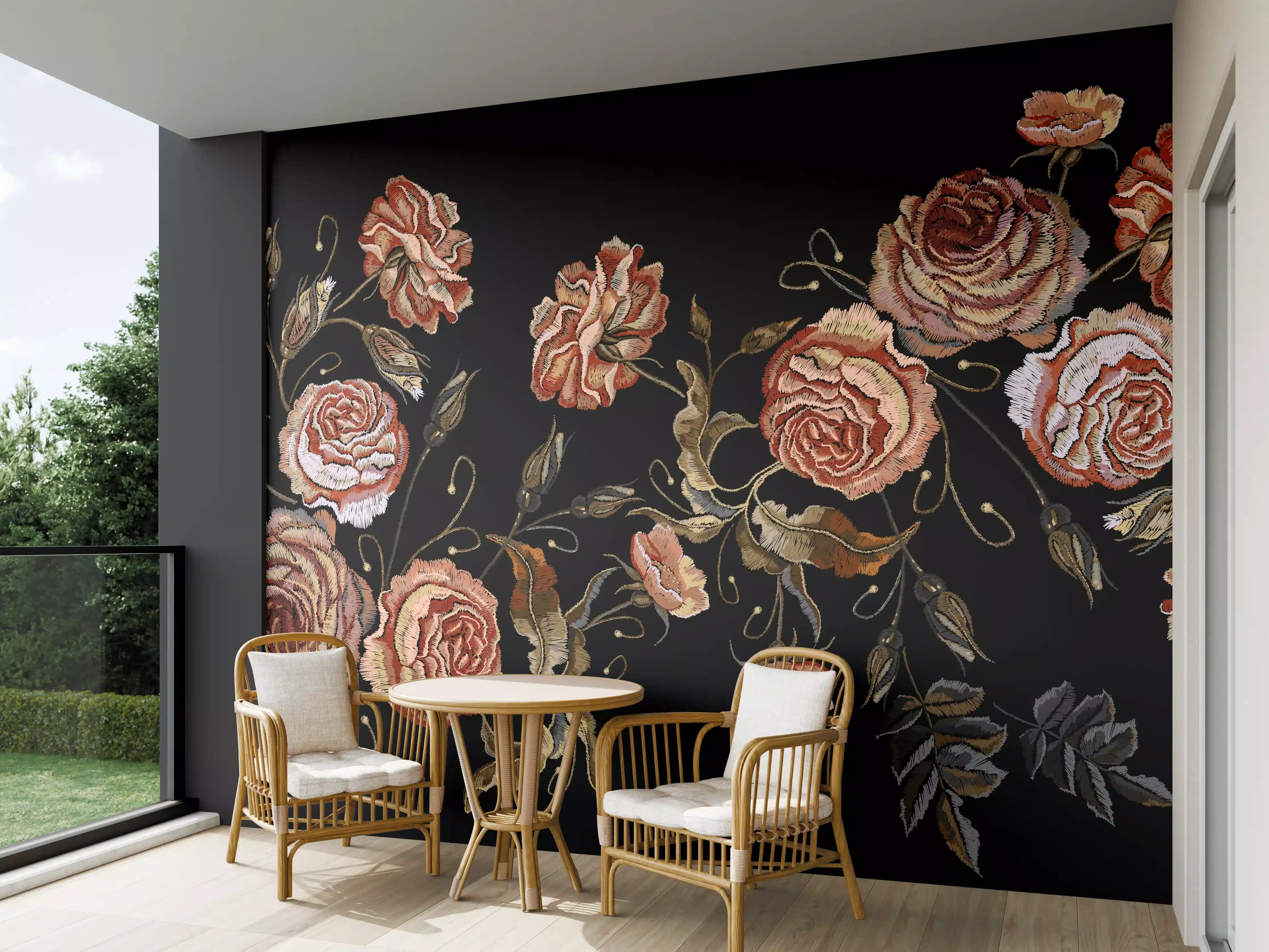 Wandverkleidung außen - Rosenstickerei Renaissance Schwarz