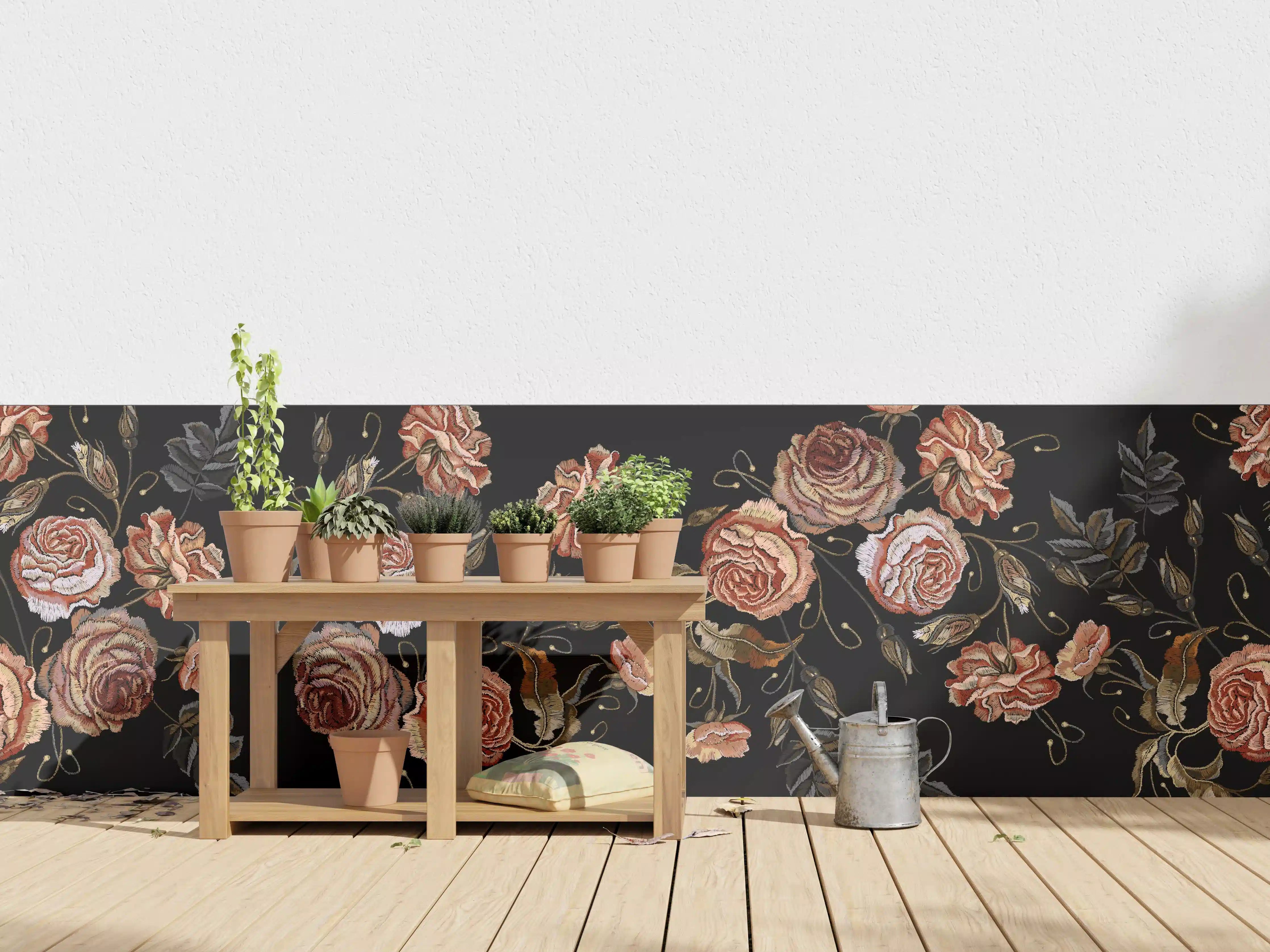 Wandverkleidung außen - Rosenstickerei Renaissance Schwarz