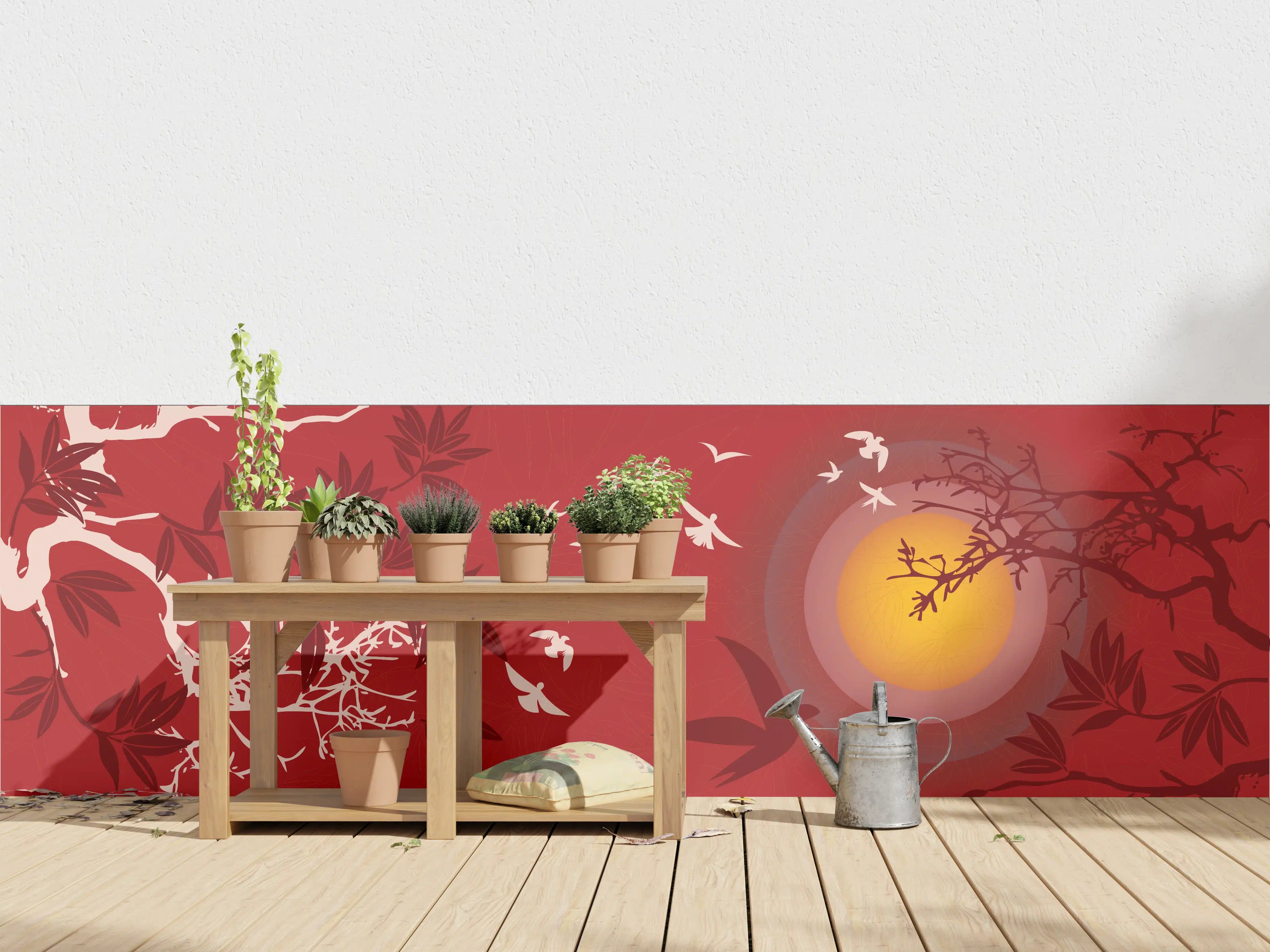 Wandverkleidung außen - Rote Abendstimmung Vögel Silhouetten