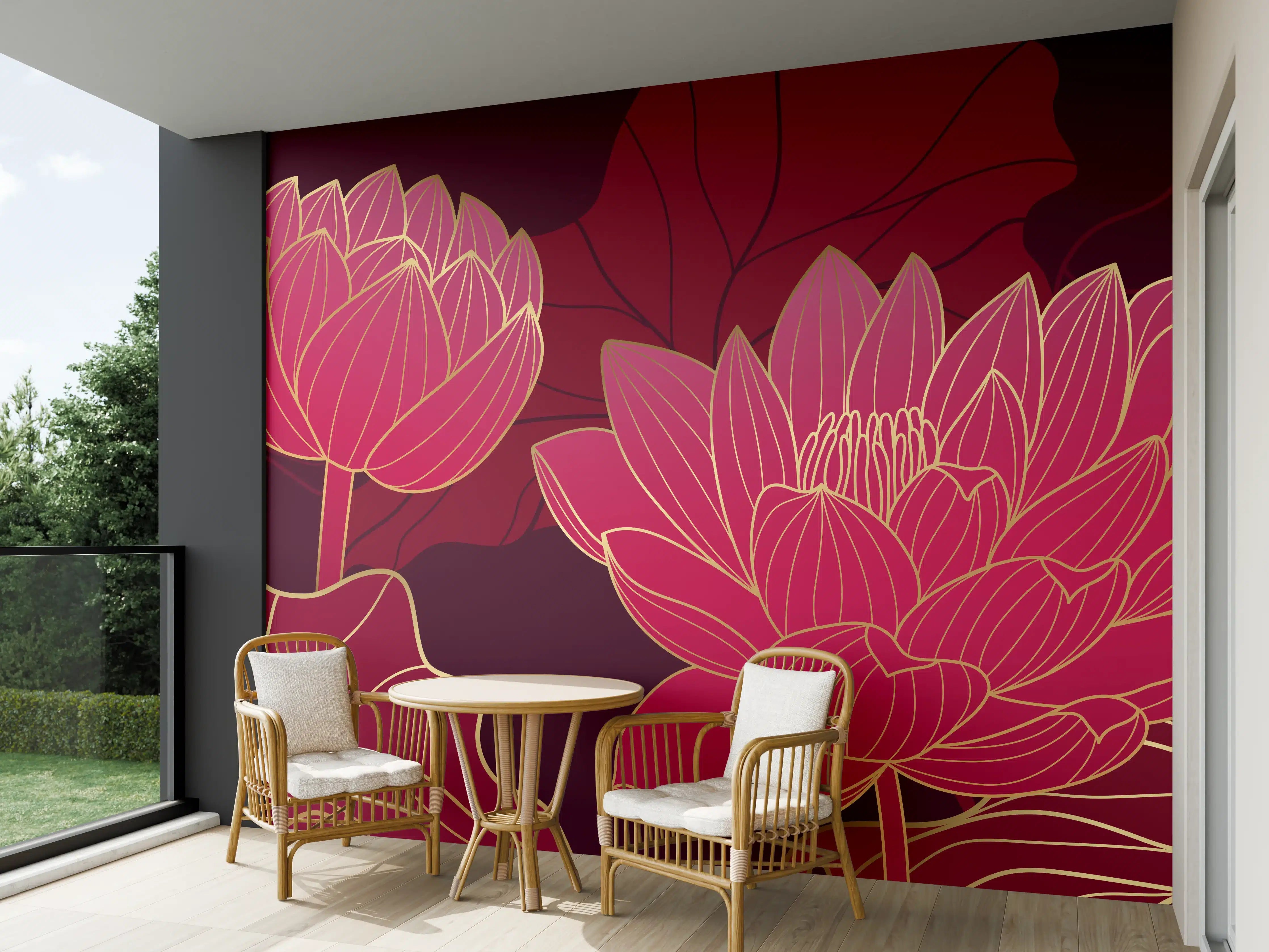 Wandverkleidung außen - Rote Lotusblüten Lineart Design