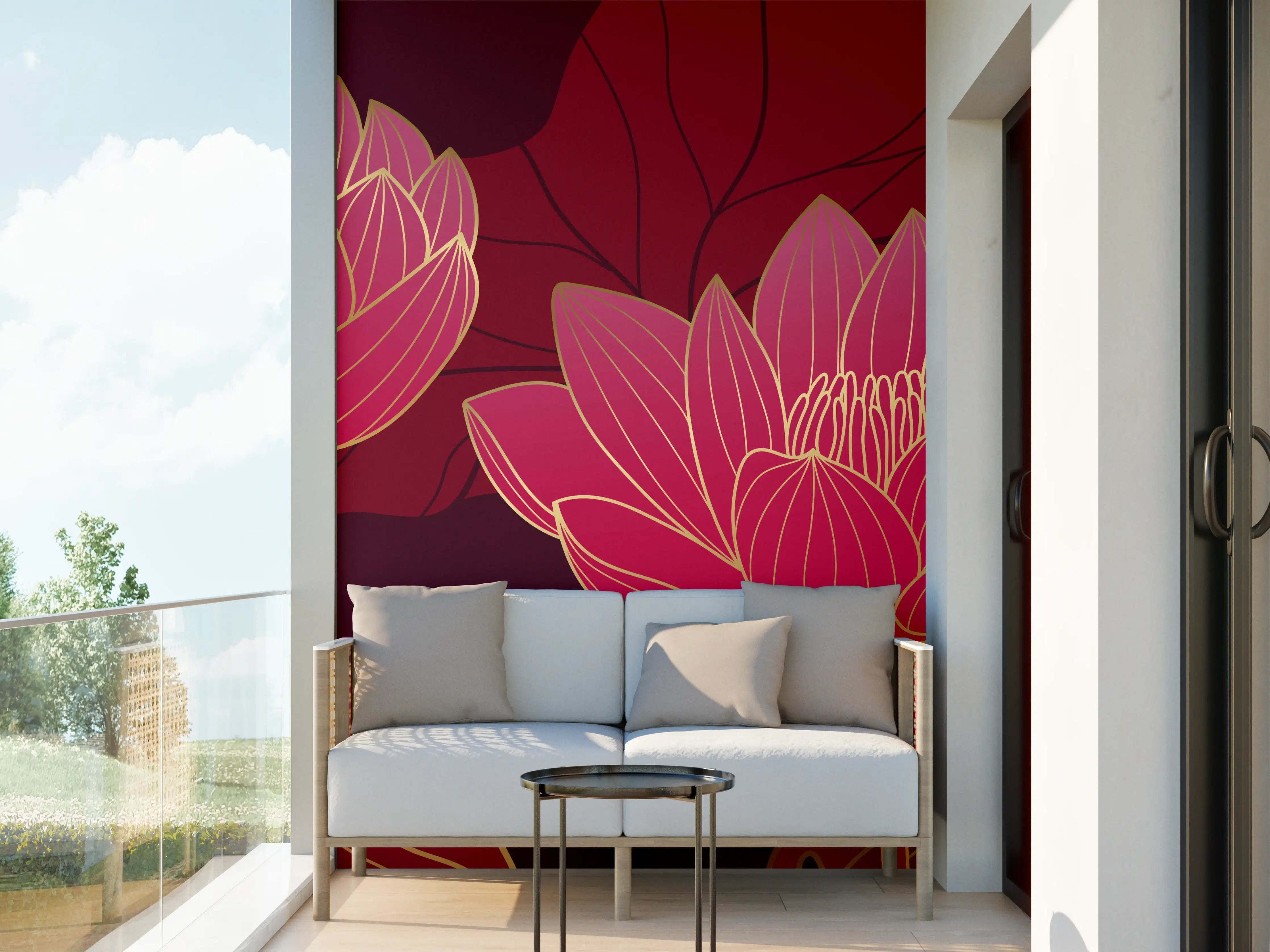 Wandverkleidung außen - Rote Lotusblüten Lineart Design