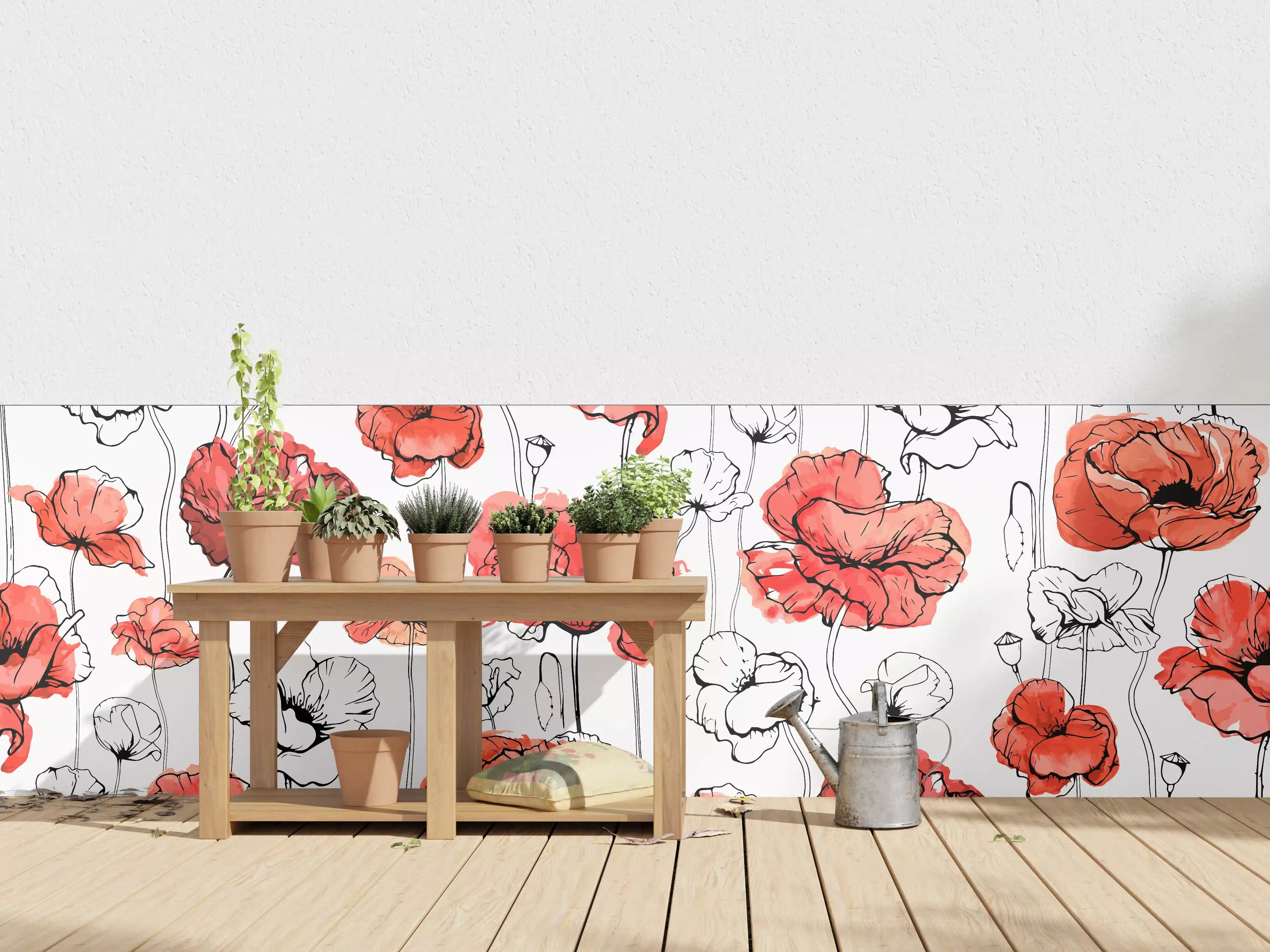 Wandverkleidung außen - Rote Mohnblumen Lineart-Muster
