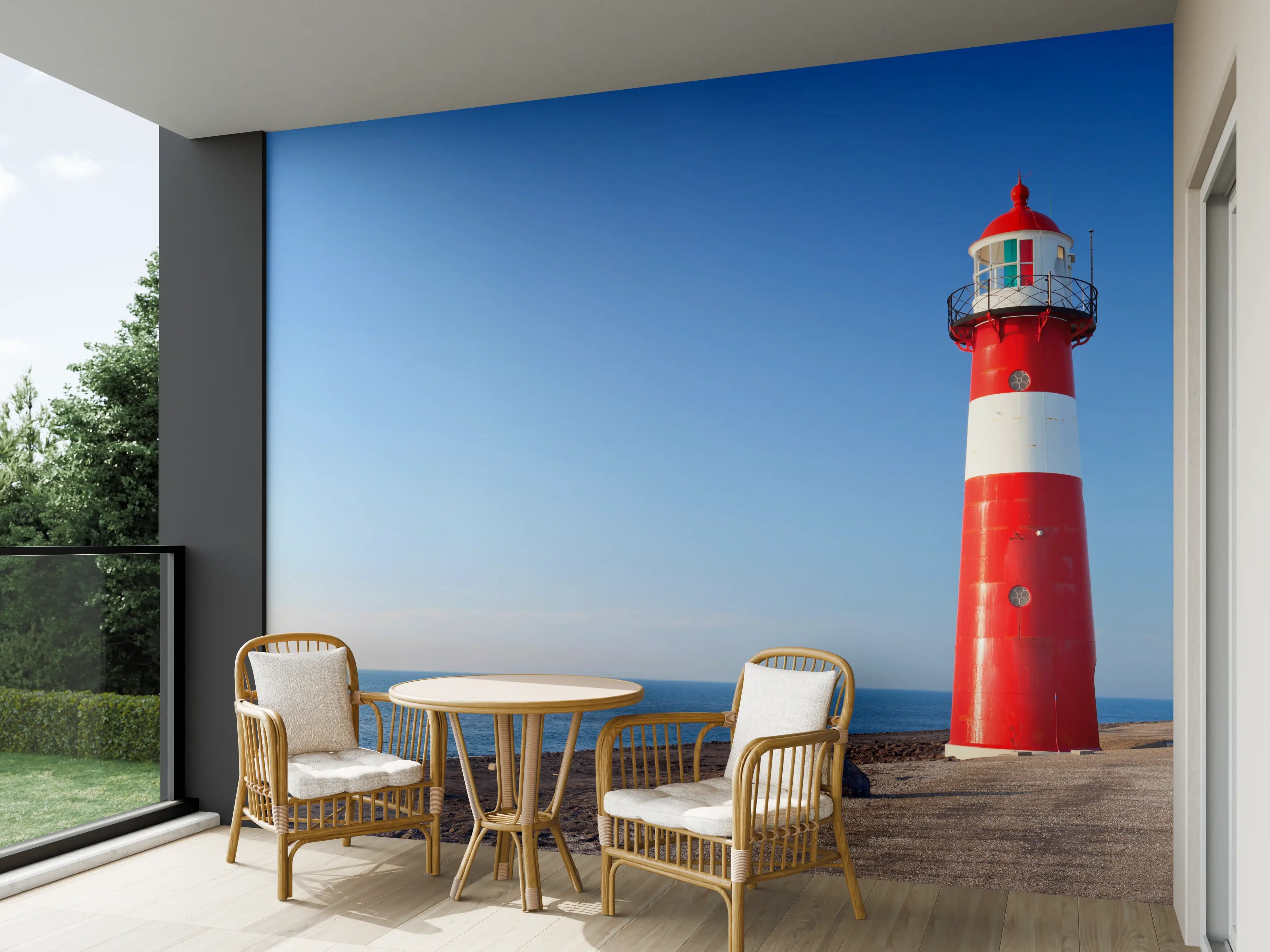 Wandverkleidung außen - Roter Leuchtturm am Meer