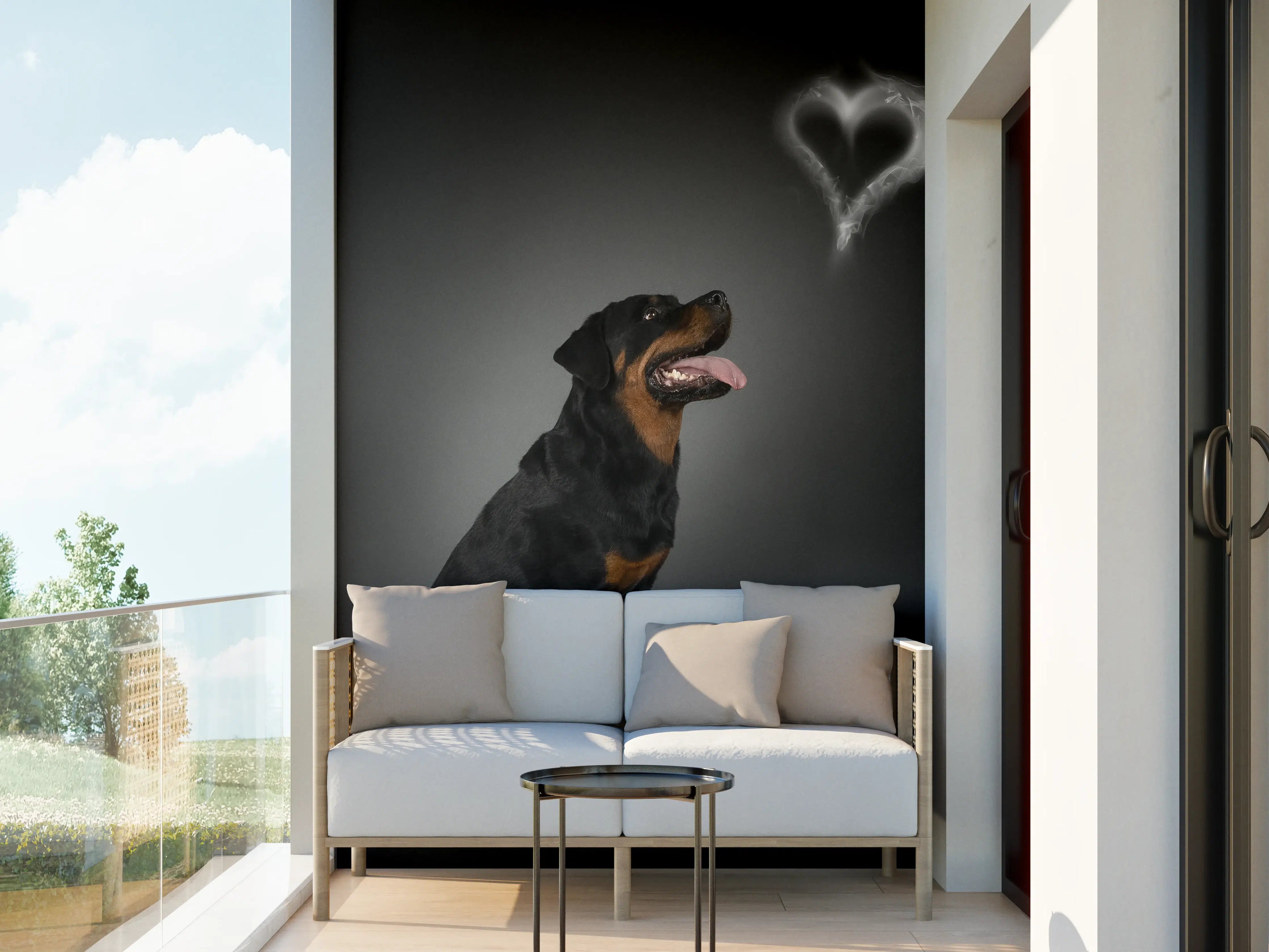 Wandverkleidung außen - Rottweiler sitzend mit Blick auf Herz