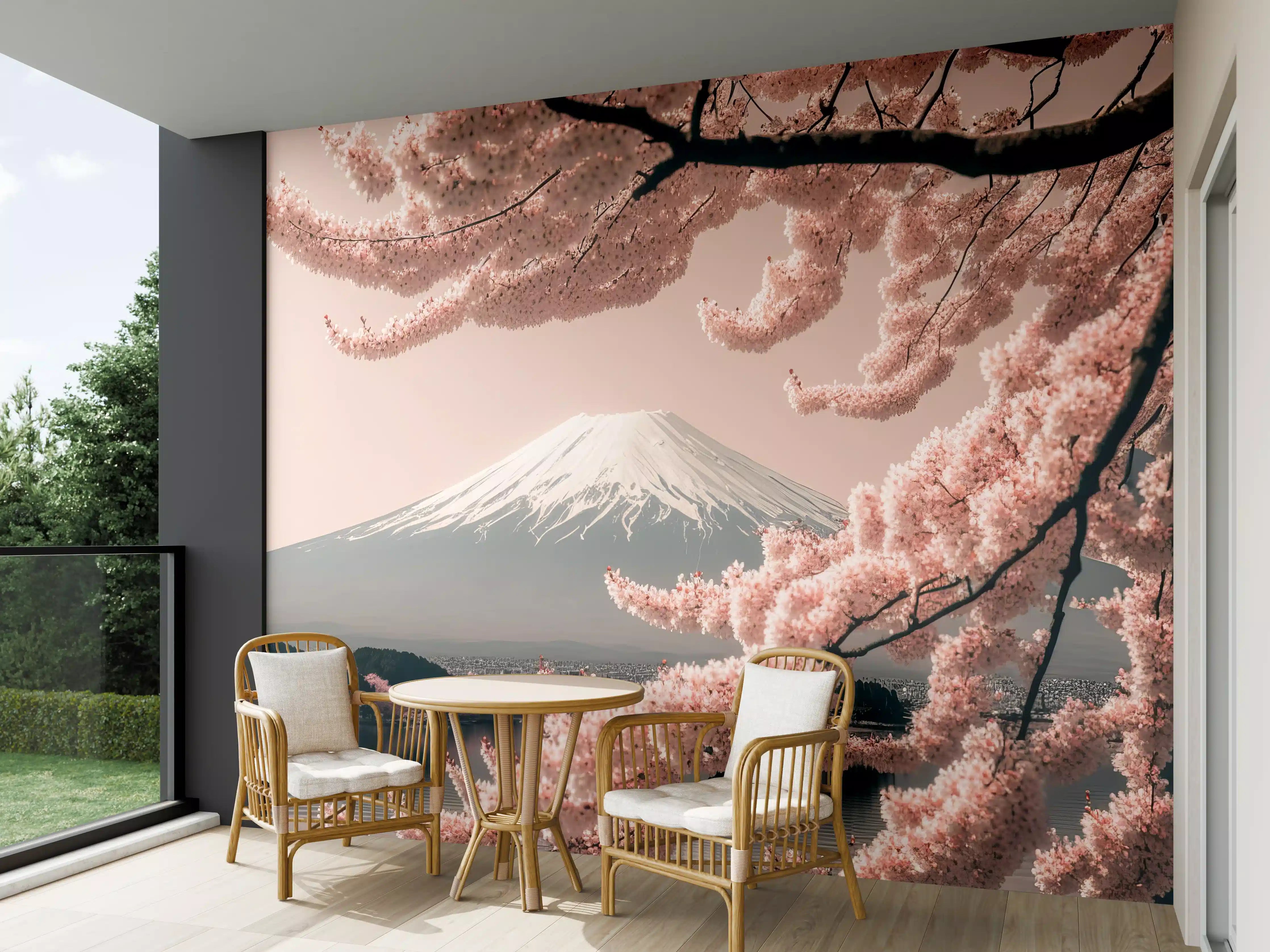 Wandverkleidung außen - Sakura Baum mit Fuji Berg im Hintergrund