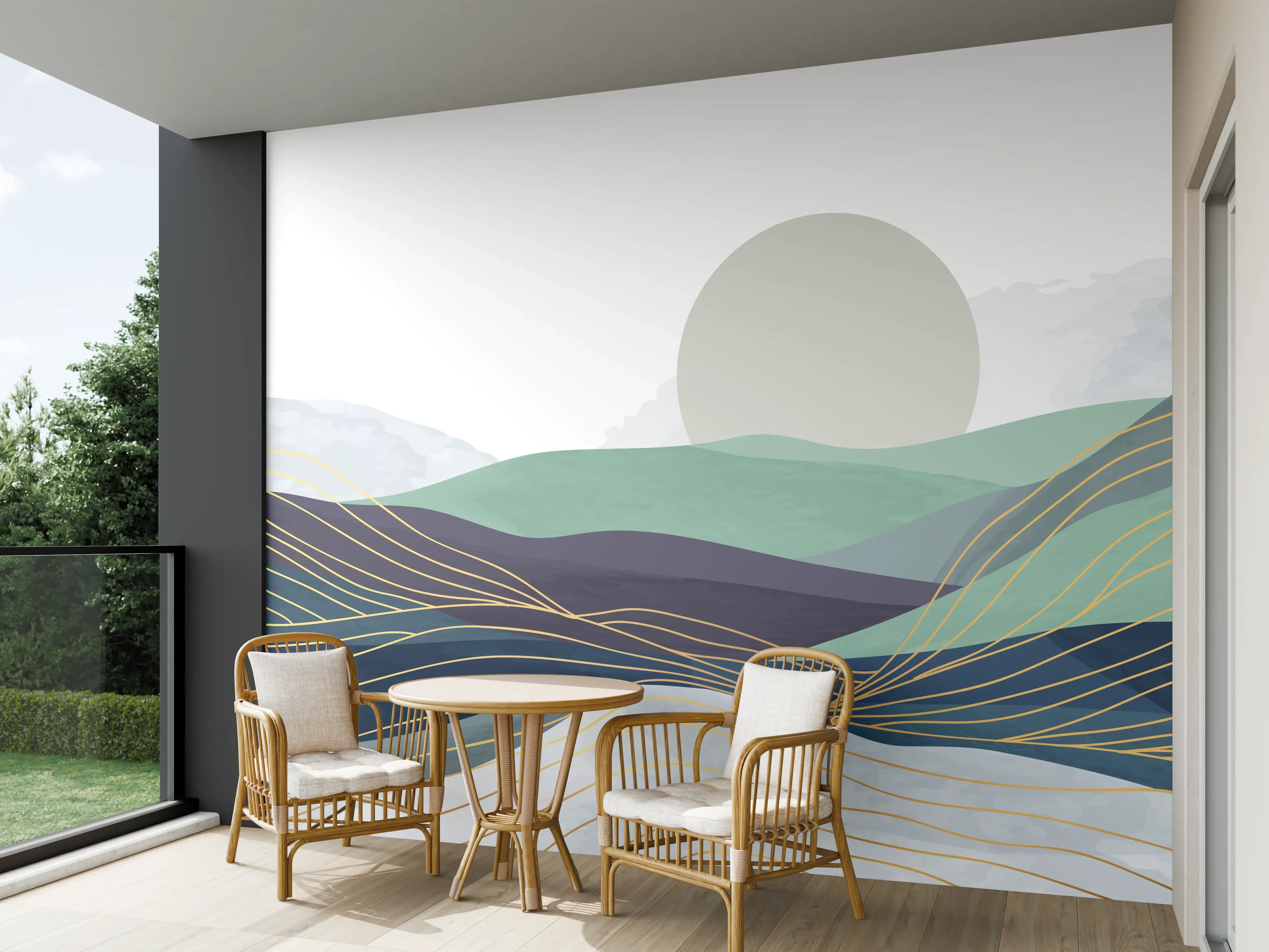 Wandverkleidung außen - Sanfte Berglandschaft mit Sonne in Pastellfarben