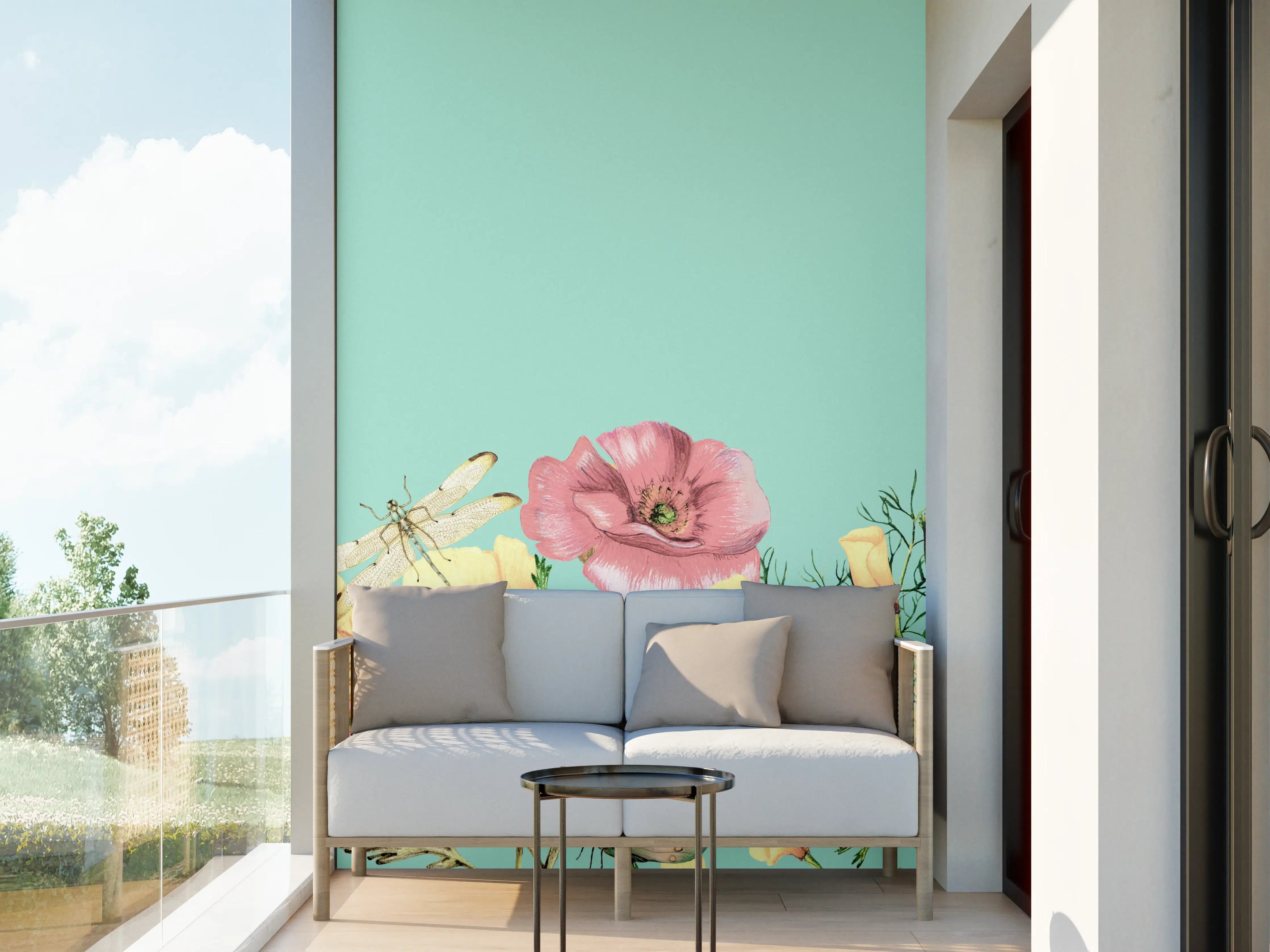 Wandverkleidung außen - Sanfte Blumen und Schmetterlinge auf pastellblauem Hintergrund