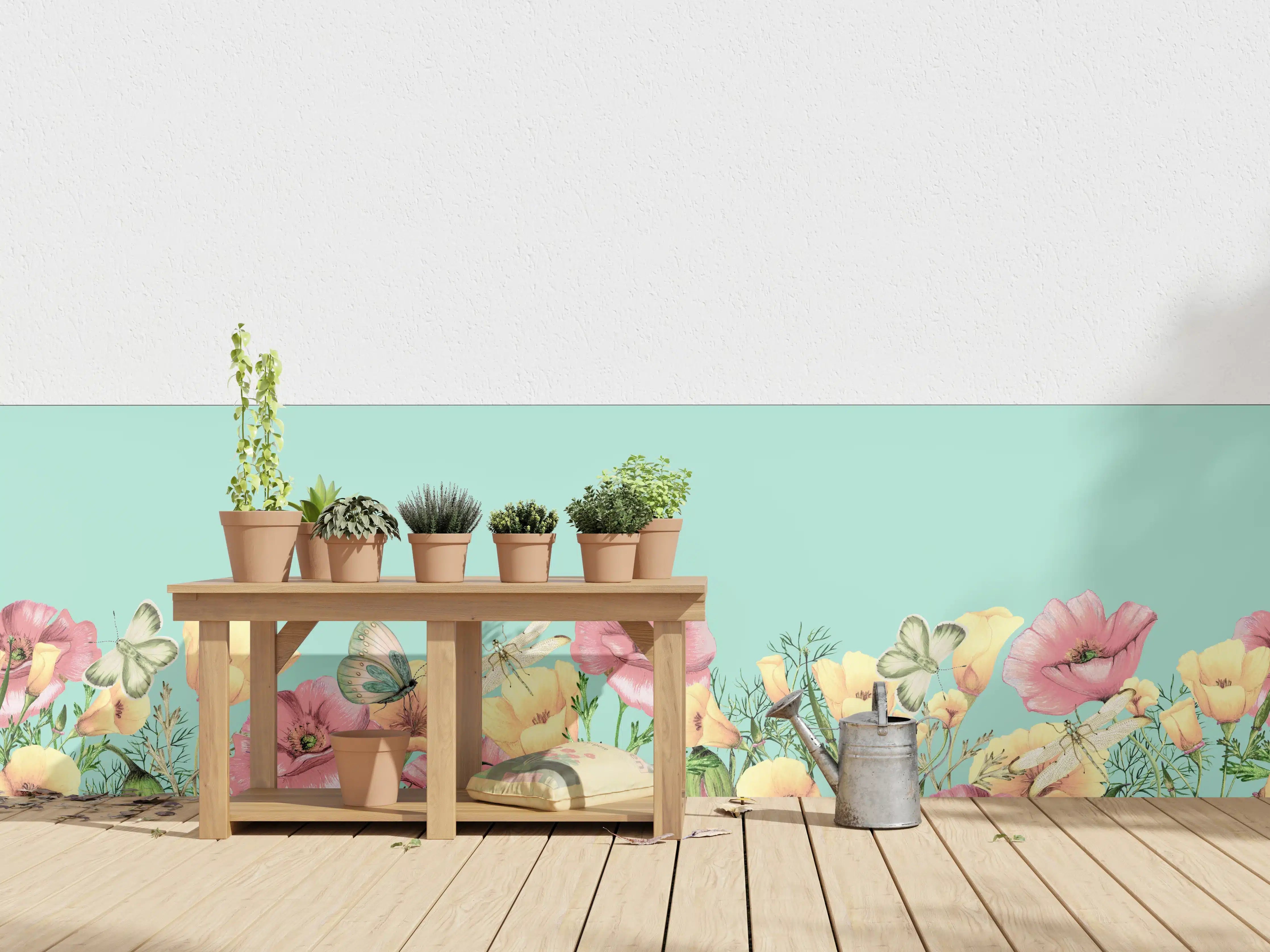 Wandverkleidung außen - Sanfte Blumen und Schmetterlinge auf pastellblauem Hintergrund